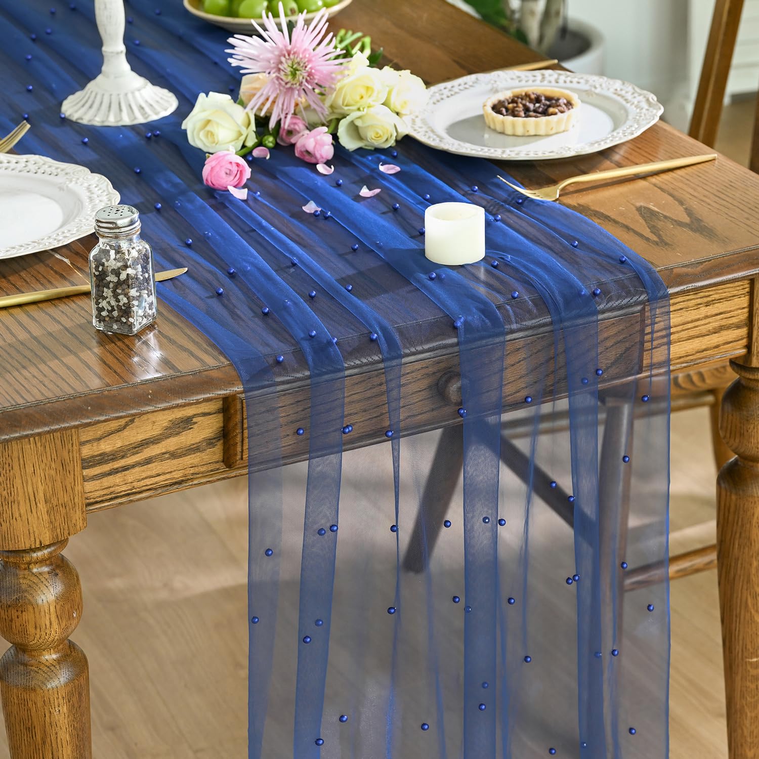Artoid Mode Royal Blue Gauze Pearl Winter Table Runner 70 x 300 cm