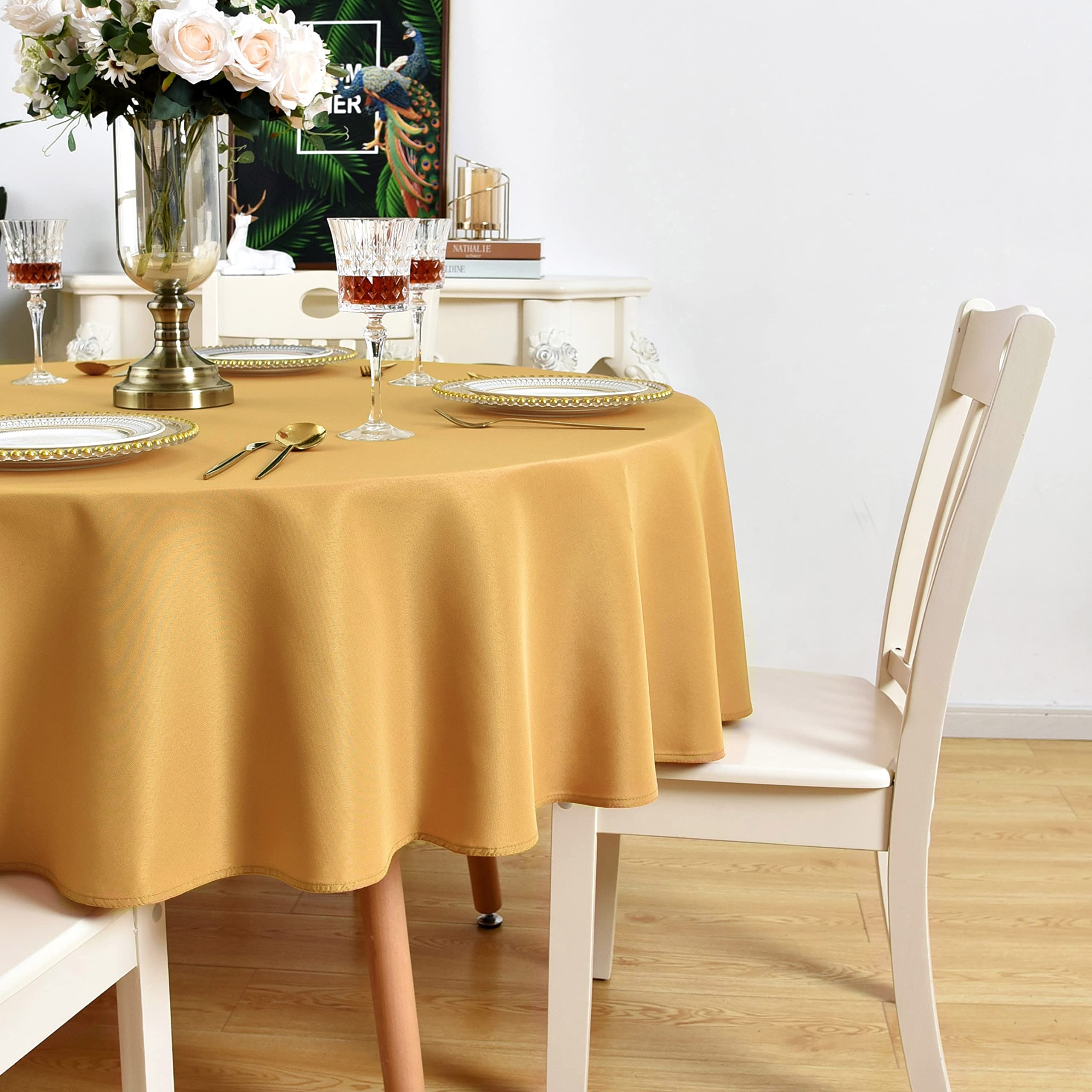 KAIPHO Nappe Ronde Dorée Imperméable, Résistante Aux Taches, Infroissable, En Polyester 210 G/m², Lavable Et Facile à Nettoyer Pour Fête, Banquet, Mariage, Utilisation Intérieure Et Extérieure (121,9