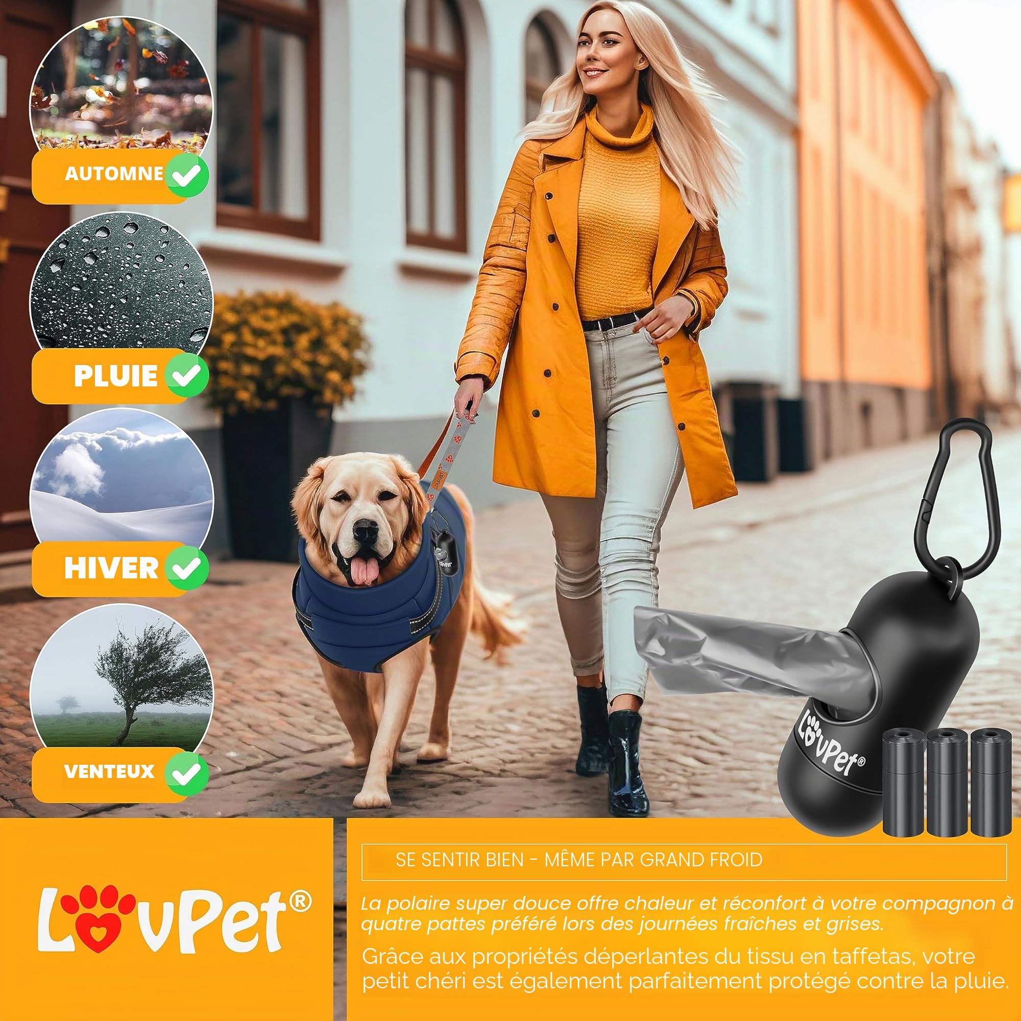 Lovpet® Manteau pour Chien avec Harnais, 45 Sacs à déjections Canines + Distributeur, Gilet d'hiver doublé imperméable rembourré avec Sangle de Poitrine, réflecteurs, Anneau en D, Taille 5XL, Bleu
