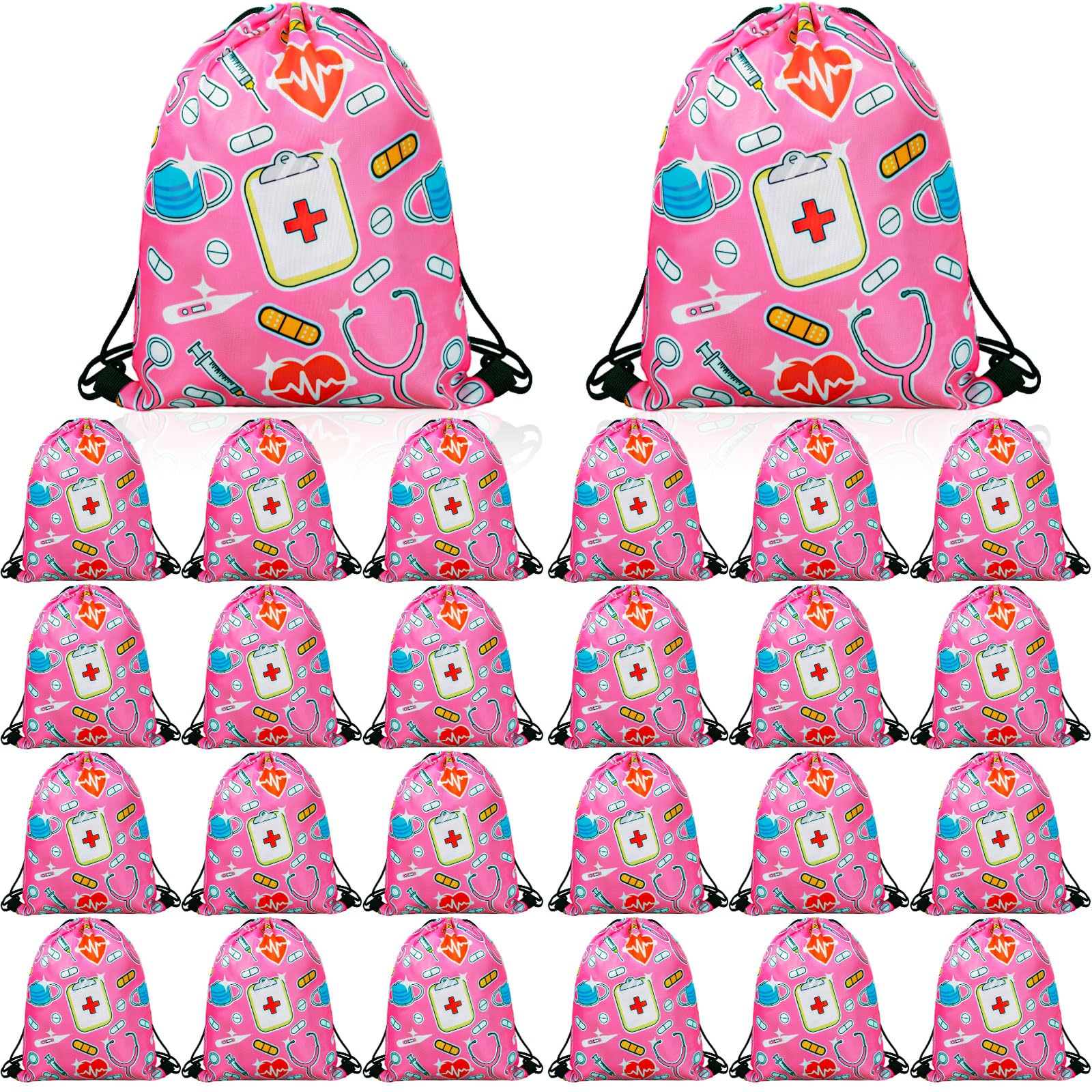 Denylo Pro 24 Pcs Nurse Themed Pink Polyester Drawstring Backpacks, Large Modern Unisex Nurse Day Travel Gym Makeup Bags, 324 Cubic Inches,