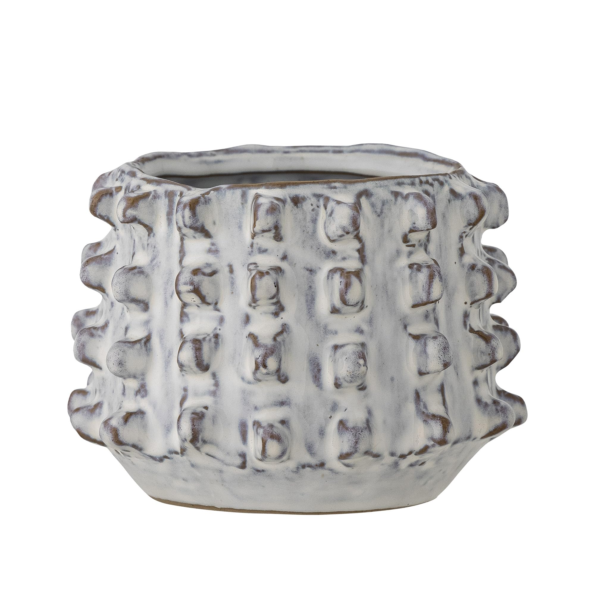Bloomingville Brena Collection Nordic White Stoneware Flowerpot, Handcrafted Home Decor with Structured Pattern