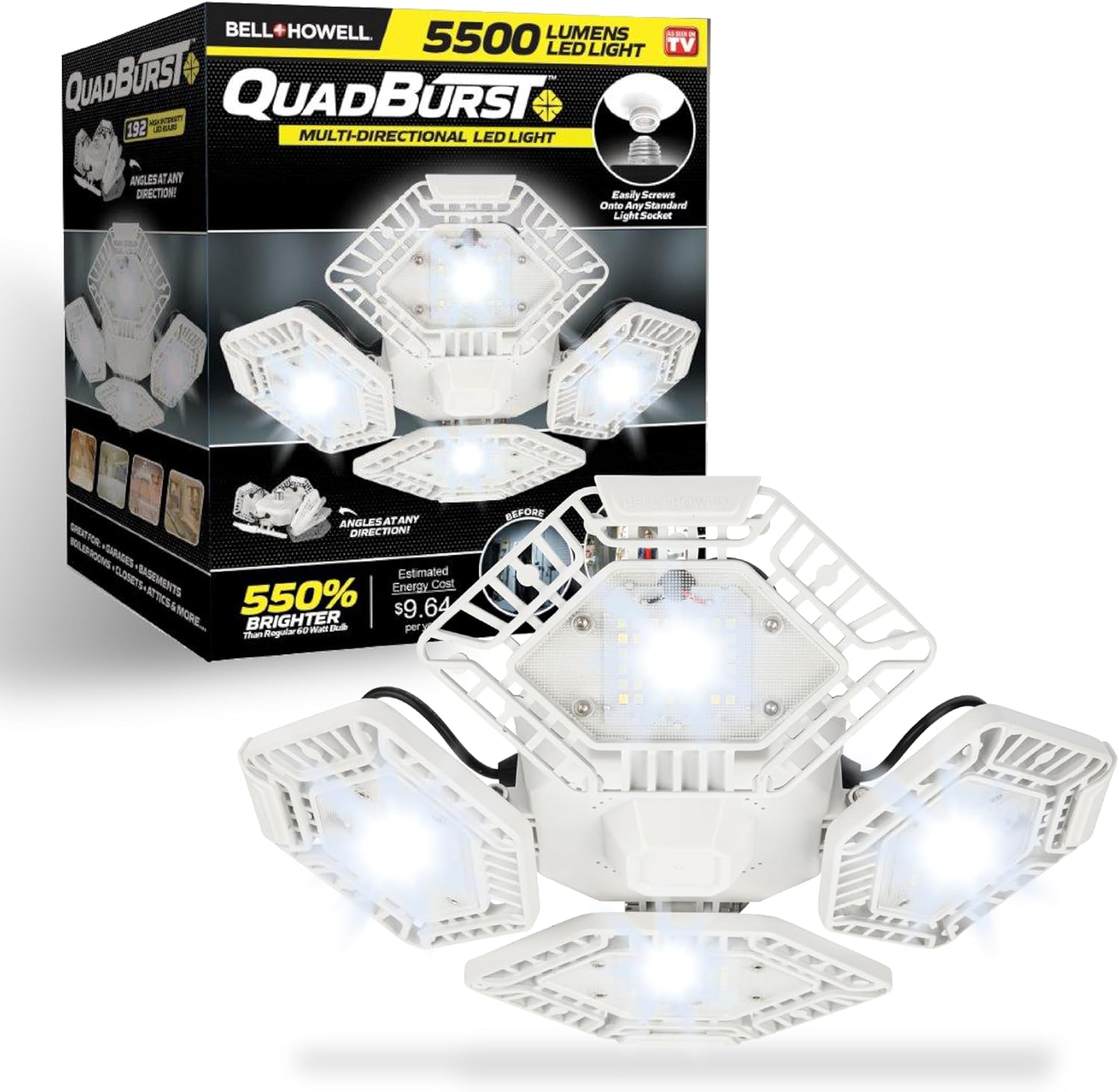 Bell+Howell QUADBURST LED Ceiling Light Bulbs 80W 5500 Lumens – 4 Aluminum Deformable Panels LED Shop Light Fixture for Indoor, Bedroom, Garage Lights, Home Improvement, E26 / E27 Socket (White)