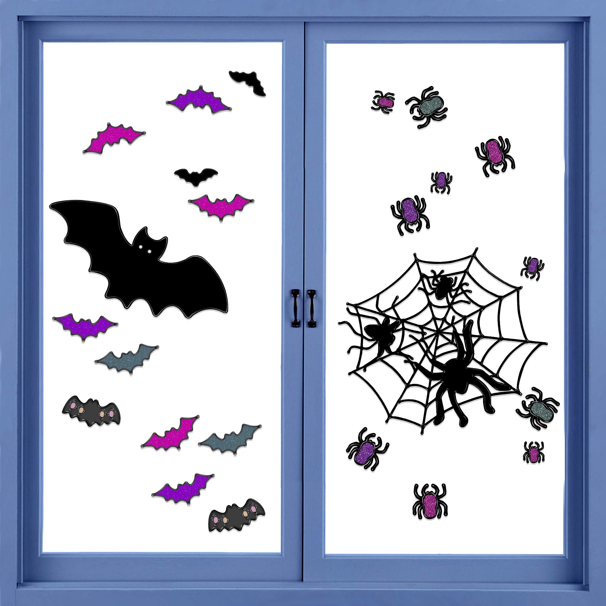 KPCB Tech Halloween Window Stickers Clings Double-Sided Reusable Decorations in Thicken PVC, Set of Spiders and Bats