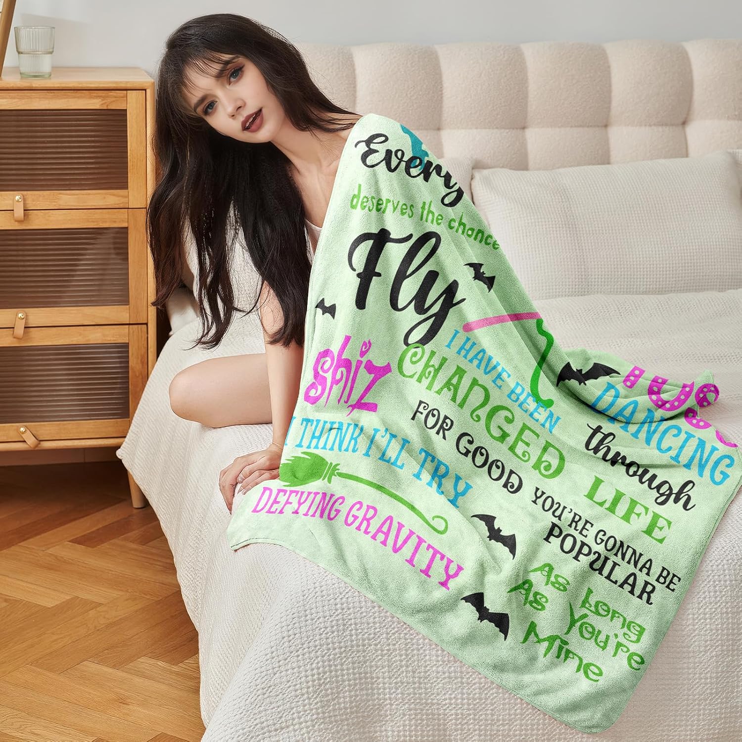 50'' x 40'' Elphaba Hat Glinda Witch Green Flannel Blanket, Magic Movie Land Blanket, Evil Gift Queen Throw Broom, All Seasons Warm Cozy Soft Blanket for Sofa Chair Bed Halloween Women Girls Fans 1