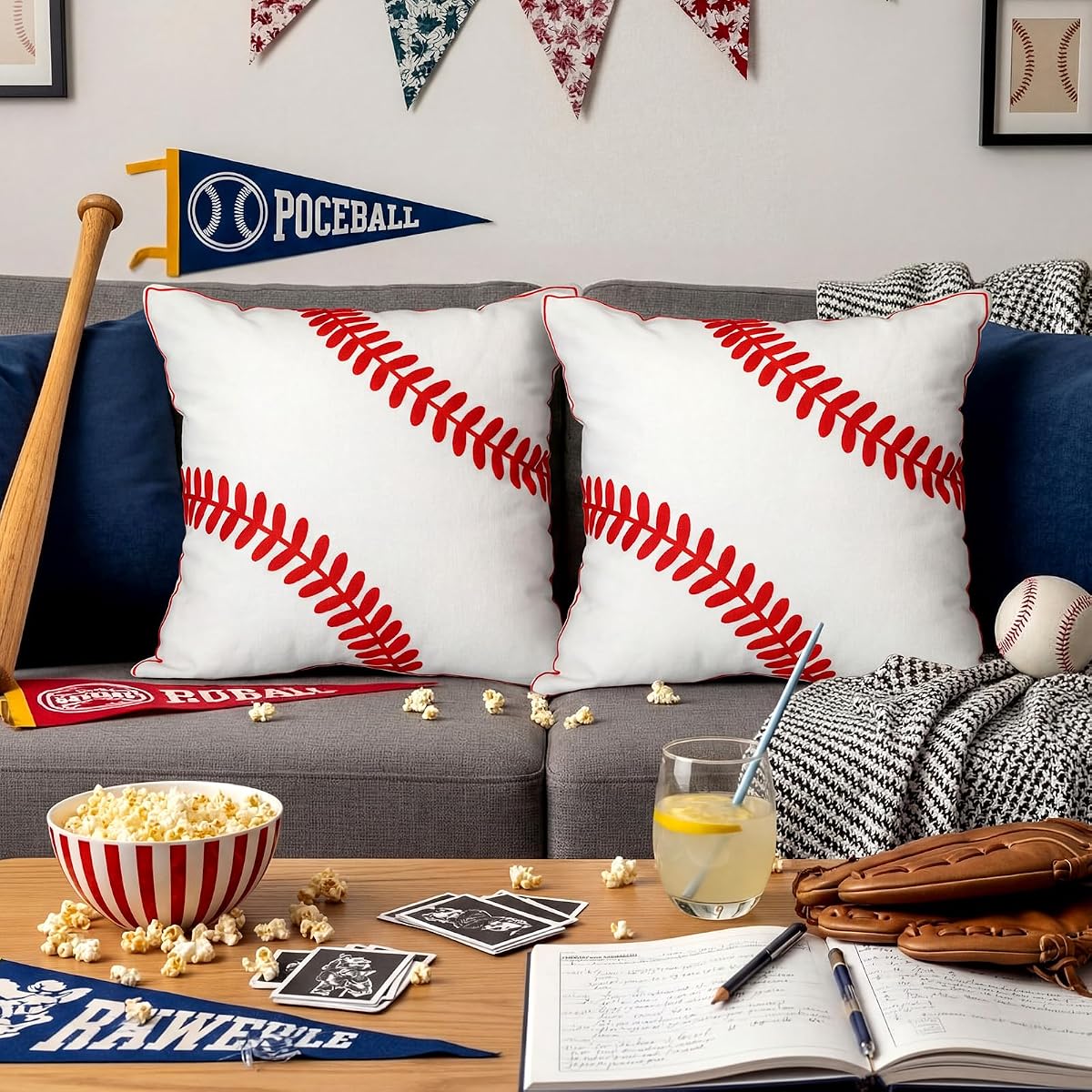 2 Pcs Embroidered Baseball Throw Pillow Covers 18 x 18 Inch Baseball Pillow Cases Sofa Back Throw Cushion Cover Ball Sport Decoration Cushion Cover for Bedroom Sofa Living Room Office Decor