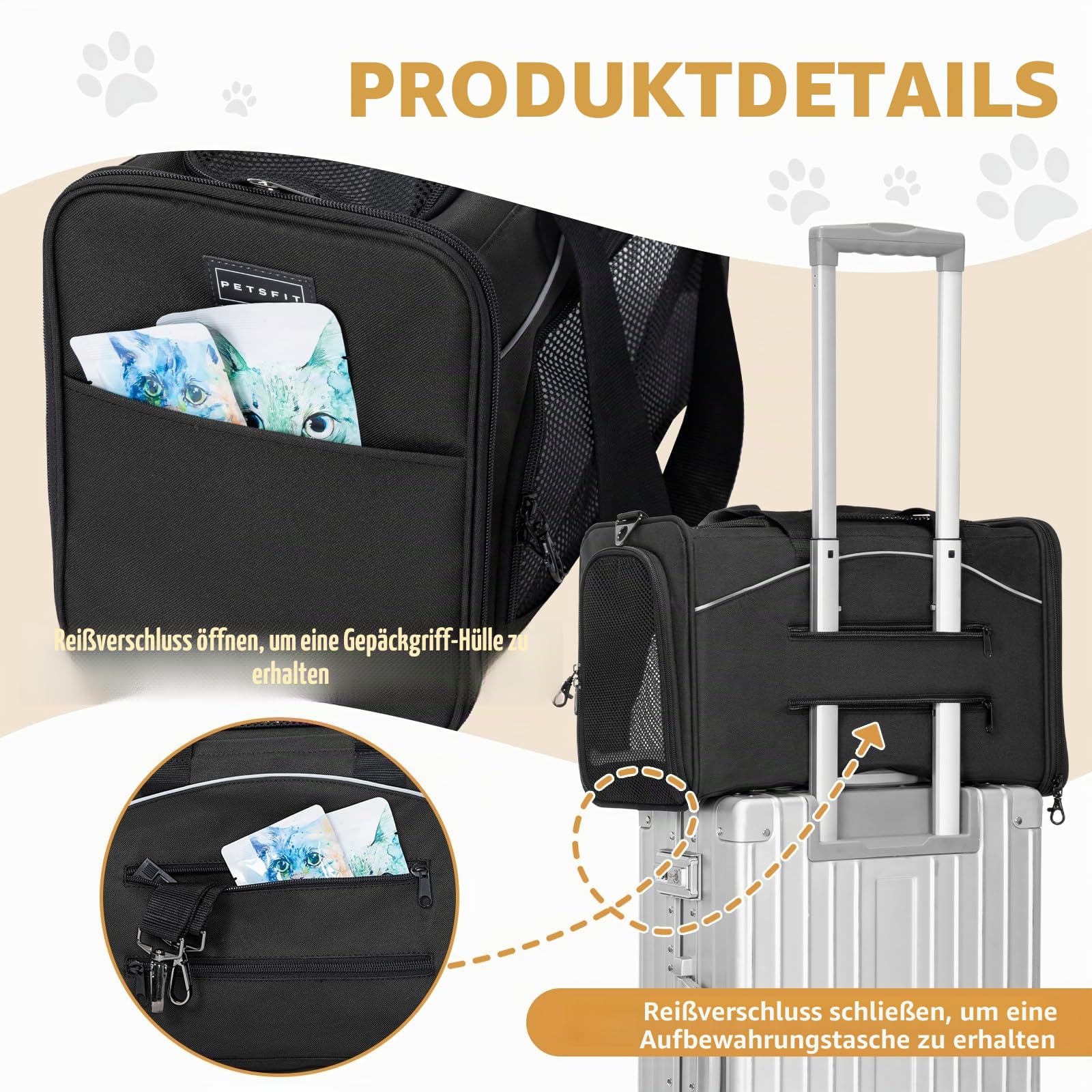 Petsfit Transporttasche Hunde und Katze, Katzentransportbox Hunde Katze Flugtasche für Haustiere im Auto Flugzeug oder in der Bahn
