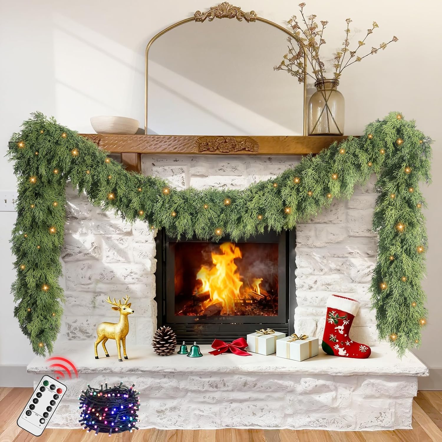 Christmas Cedar Garland for Mantle - Real Touch 9 Ft Artificial Realistic Faux Pine Garlands for Decoration Outdoor Stairs Railing Fireplace Garland Door Decor