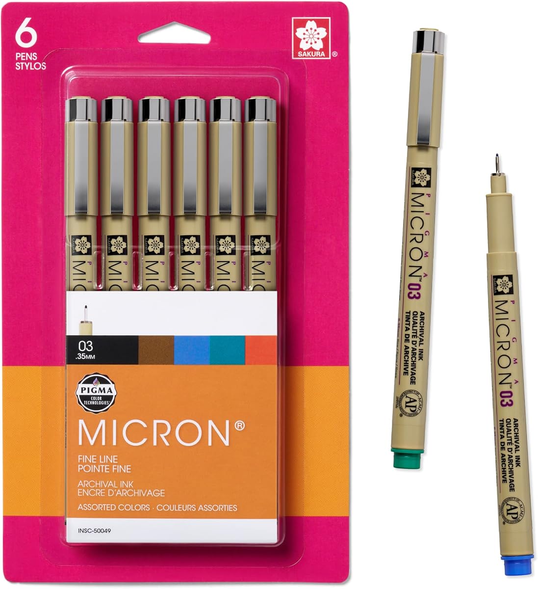 Bolígrafos SAKURA Pigma Micron Fineliner, colores variados, 03 puntas, 6 unidades | Para dibujar, ilustrar y escribir en un diario, puntos y líneas precisos, tinta impermeable de archivo a base de pigmentos, sin sangrado