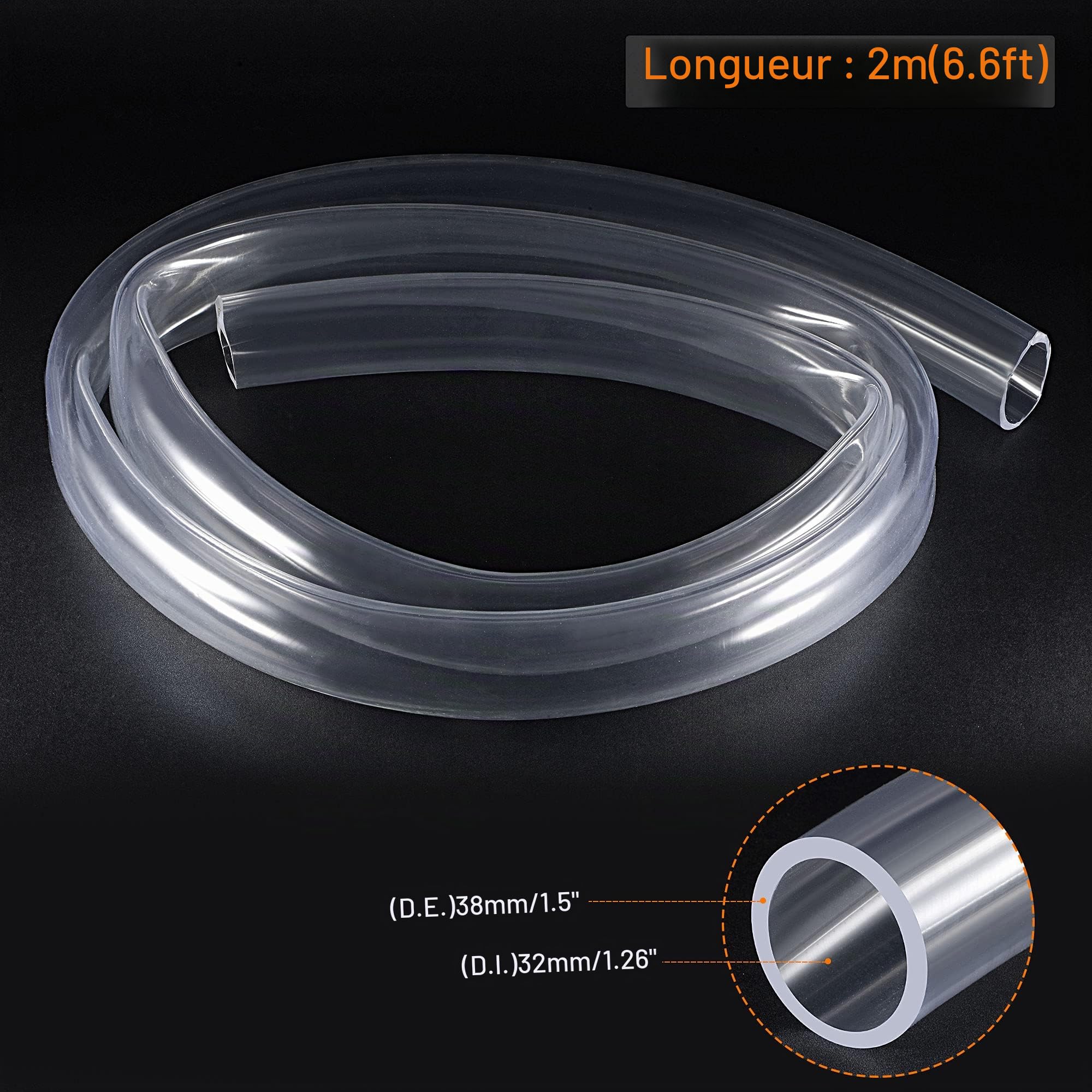 sourcing map 2 Mètre Tuyau Flexible PVC Transparent Vinyle Tube PVC 32x38mm | 32mm Diamètre Interne 38mm Diamètre Externe 2 Mètre de Longueur Flexible Léger pour Eau Tube Air Ligne