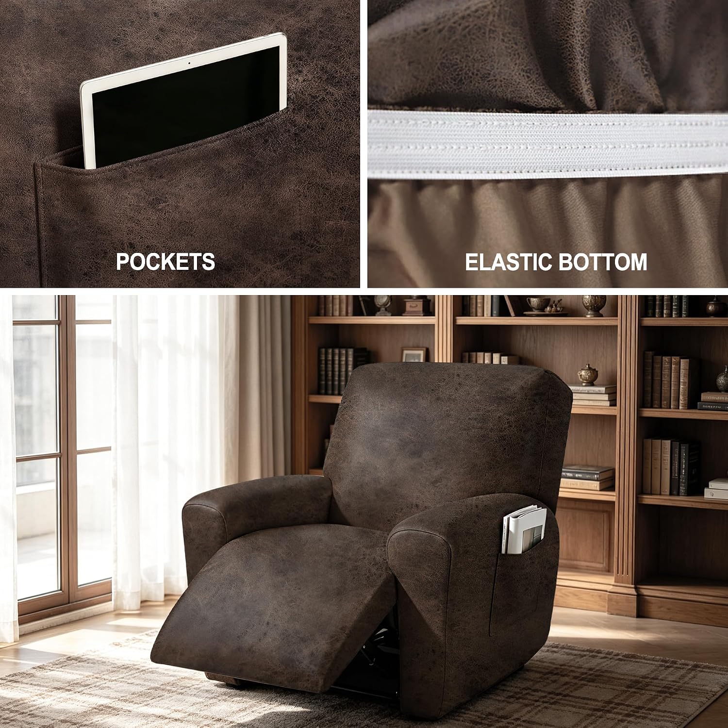Leather Look Recliner Chair Covers Heavy Duty, 4 Pieces Recliner Cover for Recliner Chair, Leather Cover for Recliner Slipcovers Washable for Pets (Dark Brown)