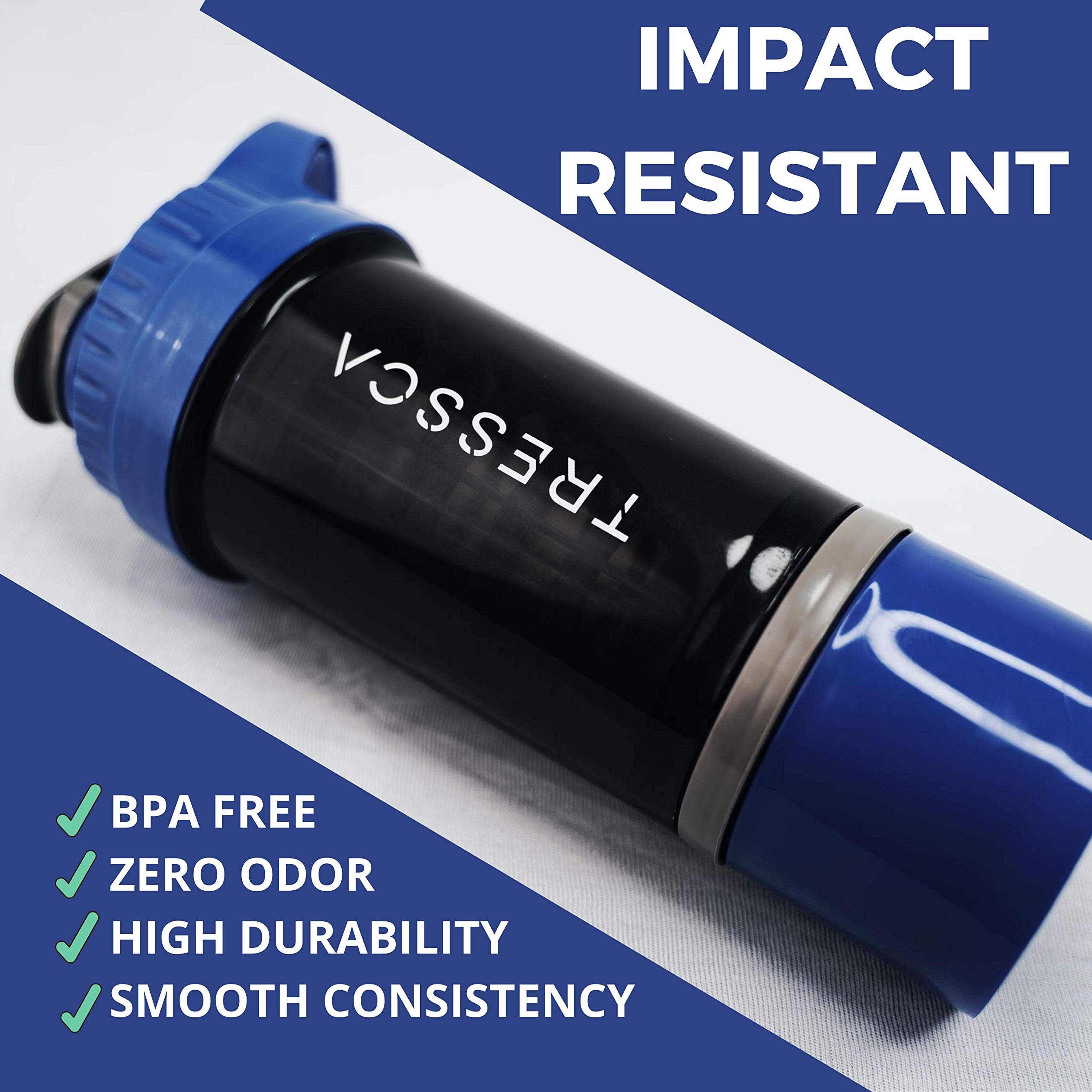 Shaker de protéines en plastique anti-fuite, sans BPA, zéro odeur et résistant aux chocs avec plusieurs compartiments de rangement (bleu marine)