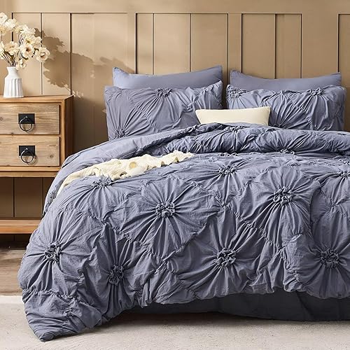 Jameswish Grey Comforter Set Queen Size Bed in A Bag 7 Piece Pinch Pleat Bedding
