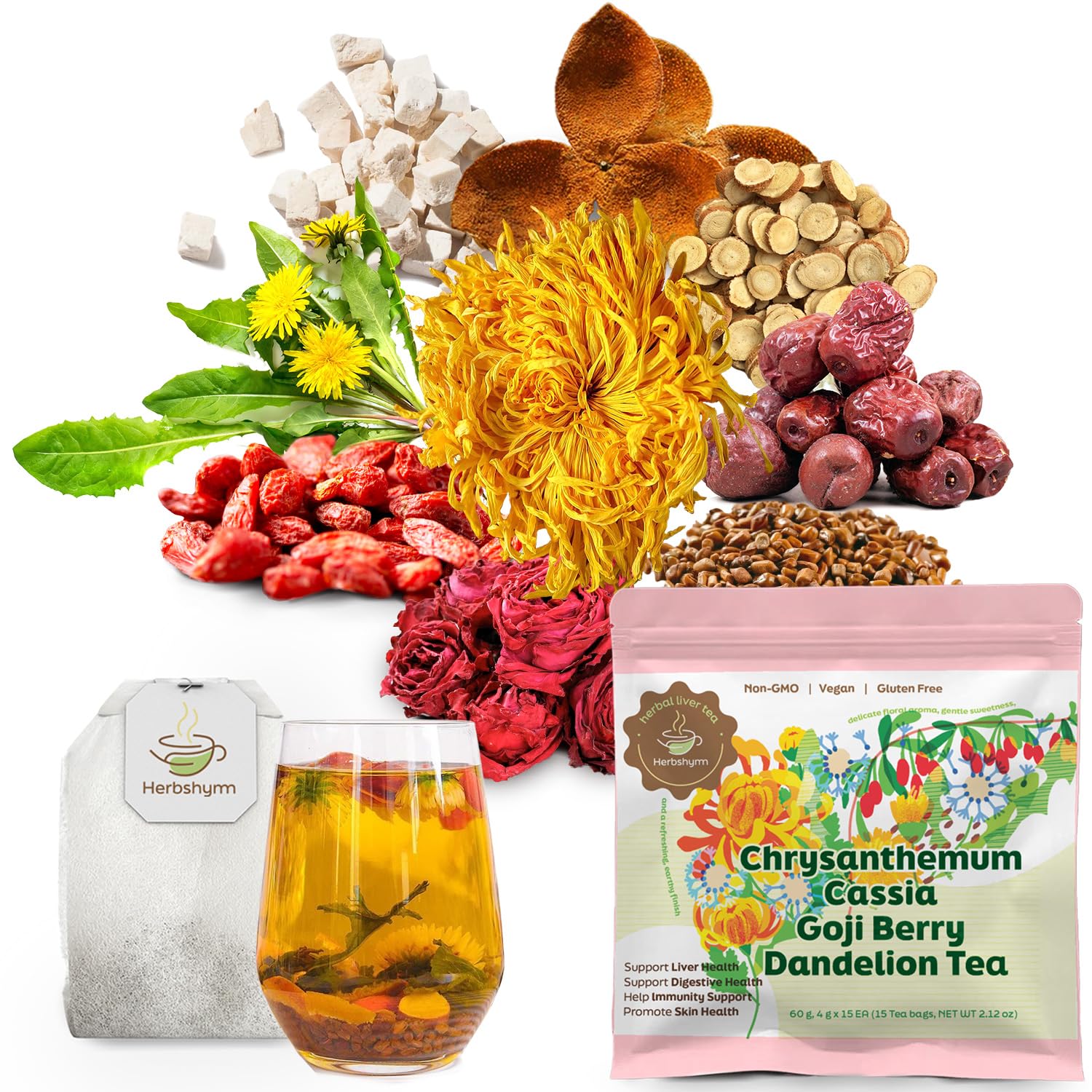 Liver Detox Tea,Goji Berry Chrysanthemum Tea for Liver Health, Dandelion Wolfberry Tea Bags, With Cassia Seed Licorice 10 Natural Herbal Ingredients,Support Women & Men Kidney & Liver Health