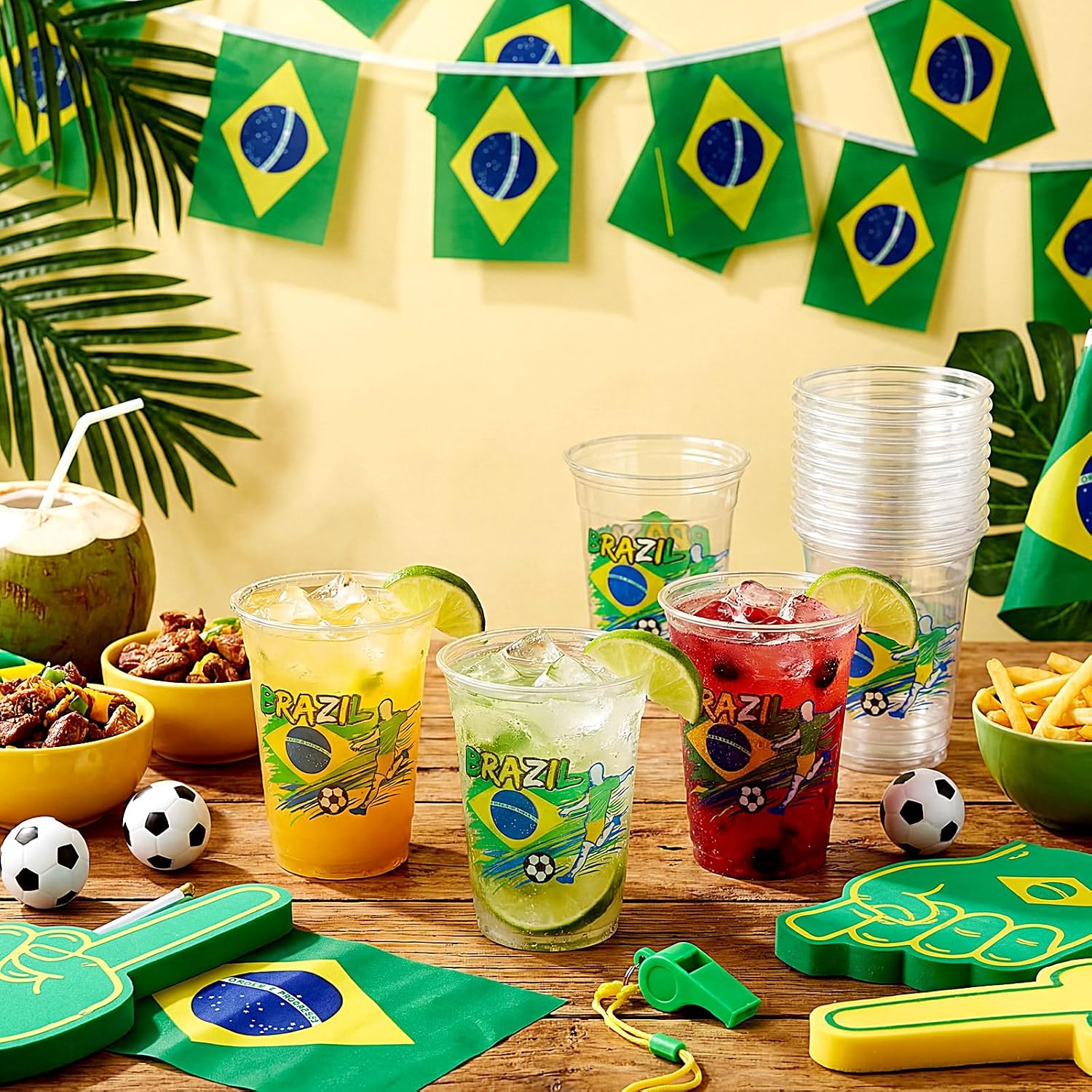 Jingmore 50 Pcs Soccer Plastic Cups 12 oz International Countries Soccer Disposable Plastic Cups Thick Clear Drinkware for Sports Games Party Supplies (Brazil)