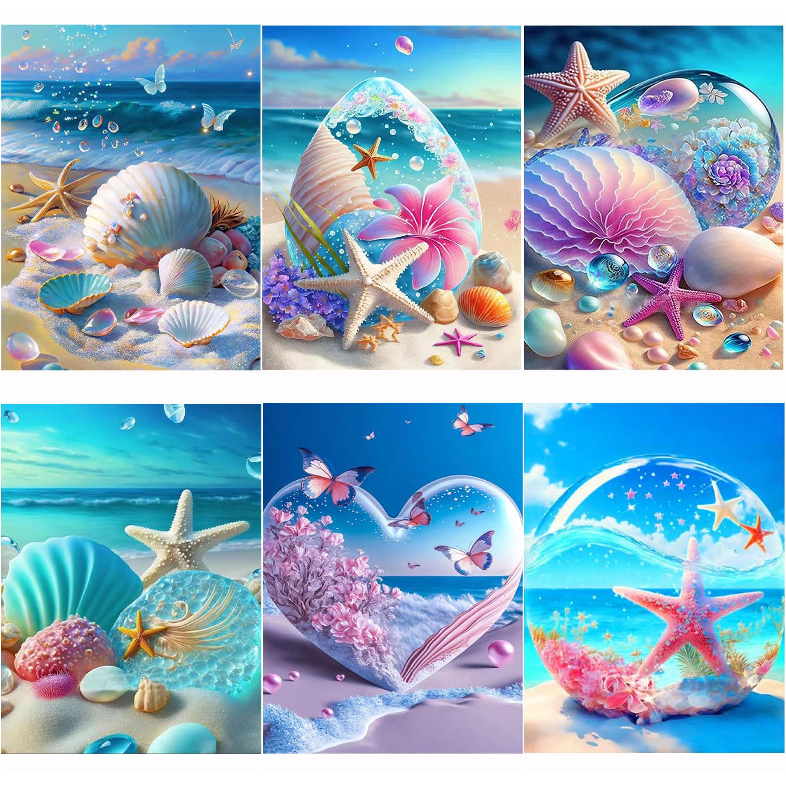 Kikuo DIY Diamond Painting Full Set, 6 Pieces Sea Beach Diamond Painting Kits, 5D Full Drill Diamond Painting Craft for Adults Kids Beginners Home Wall Decor Birthday Gift, 30x40 cm