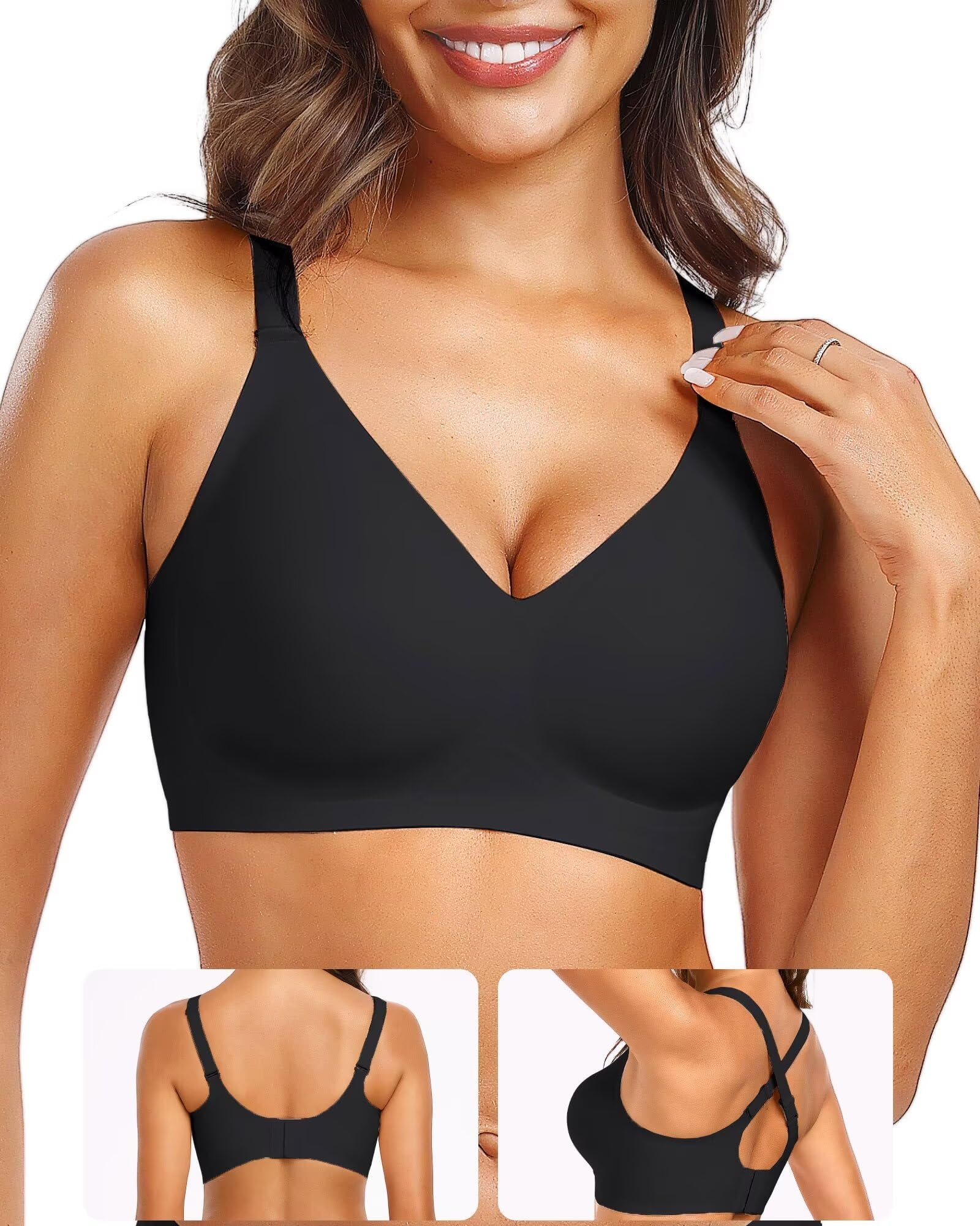VertvieNon Wired Seamless Bras for Women V Neck Push Up Wireless Bra Comfort Full Coverage Convertible T Shirt Bralettes with Extender