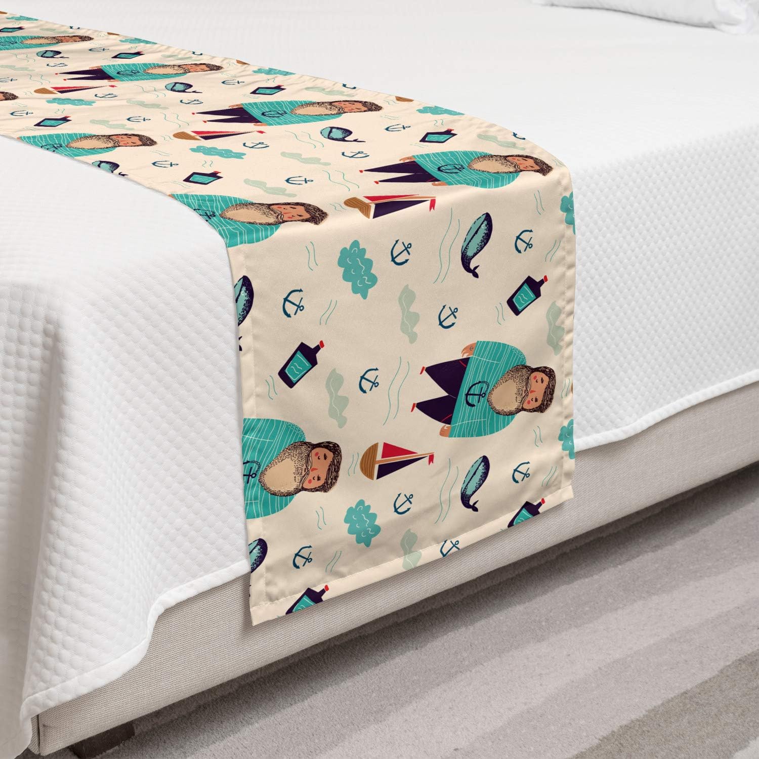 Ambesonne Sailboat Bed Runner Set, Potbelly Sailor with Striped Clothes and Blue Whales Hand Drawn Design, Decorative Bedding Scarf and a Pillow Sham for Hotels Homes, Twin, Multicolor