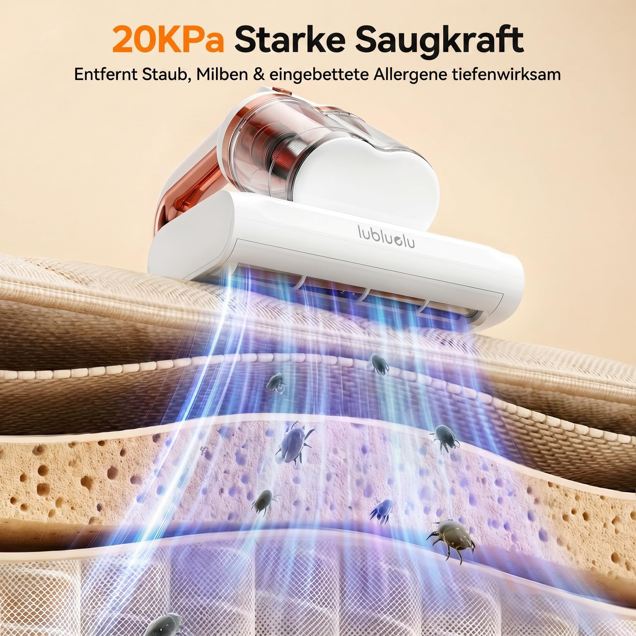 Lubluelu Milbensauger 3in1 für Matratzen, 20KPa Starke Saugleistung, UV-C-Licht, Matratzenreiniger gegen Milben, Staub und Allergene, Handstaubsauger für Bett, Sofa, Polster und Textilien