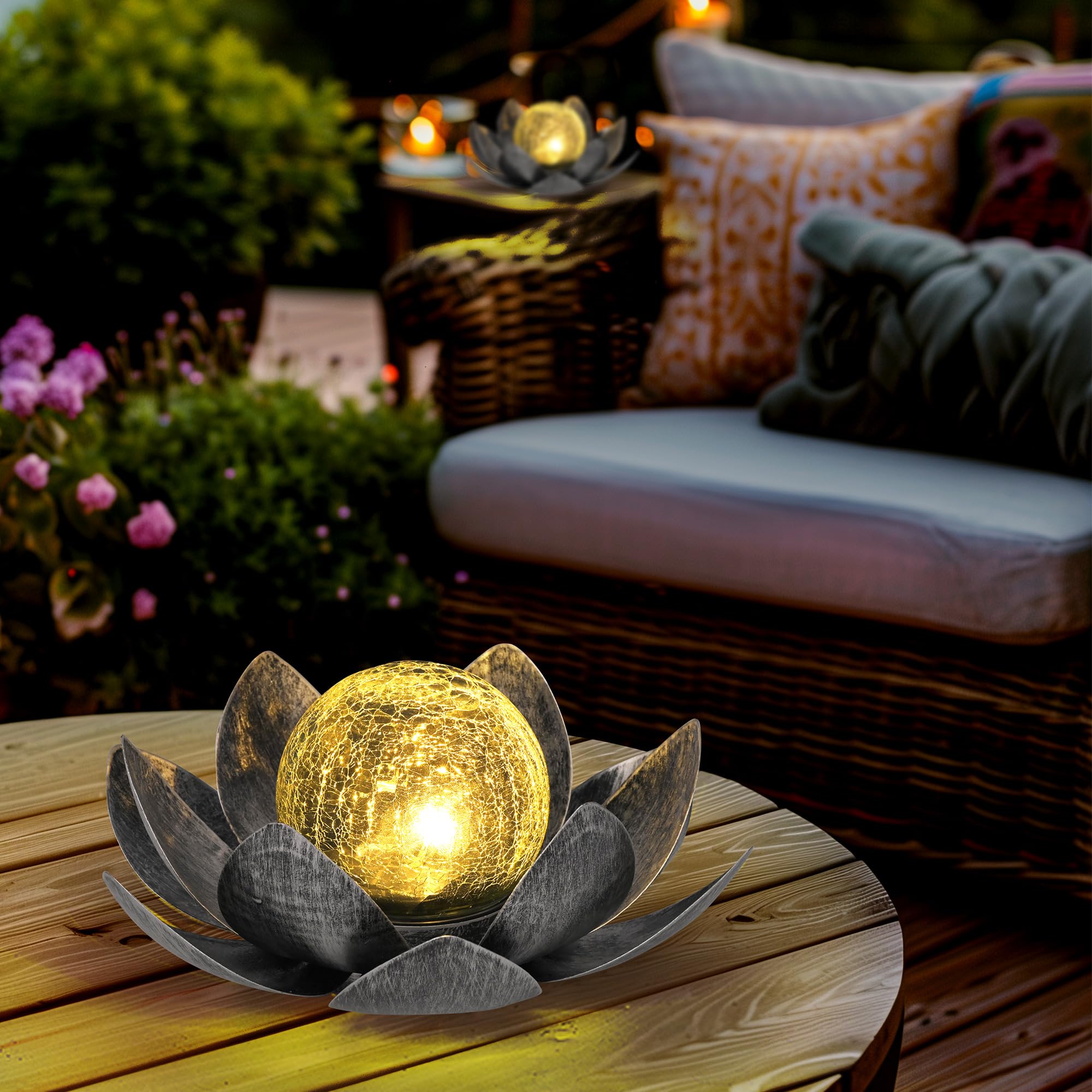 GIGALUMI Luces Solares para Decoración de Jardín al Aire Aibre, Pétalos de Metal Ajustables, Luces de Flor de Loto, Decoración de Mesa al Aire Libre, IP44 impermeable(Gris)