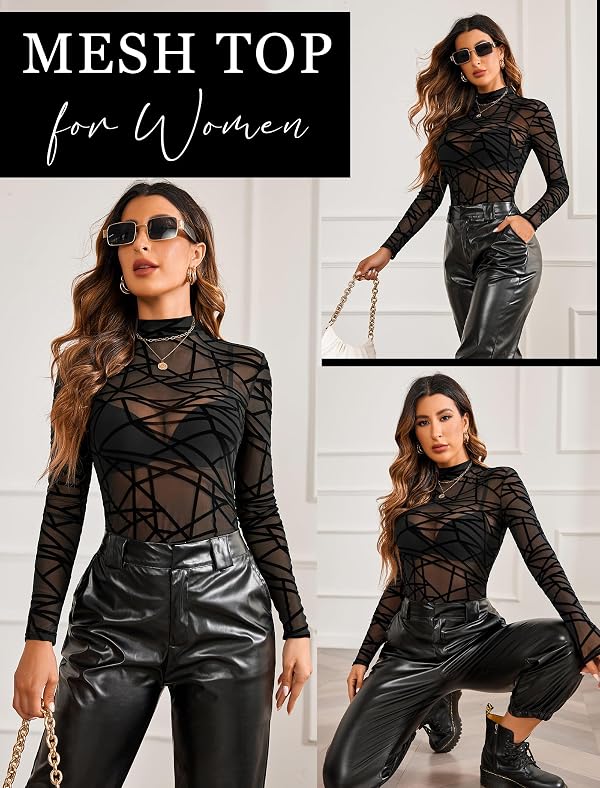 Avidlove Mesh Top Long Sleeve Mesh Top Sheer Tops for Women See Through Shirt PAT2 XXL by Avidlove - Image 5
