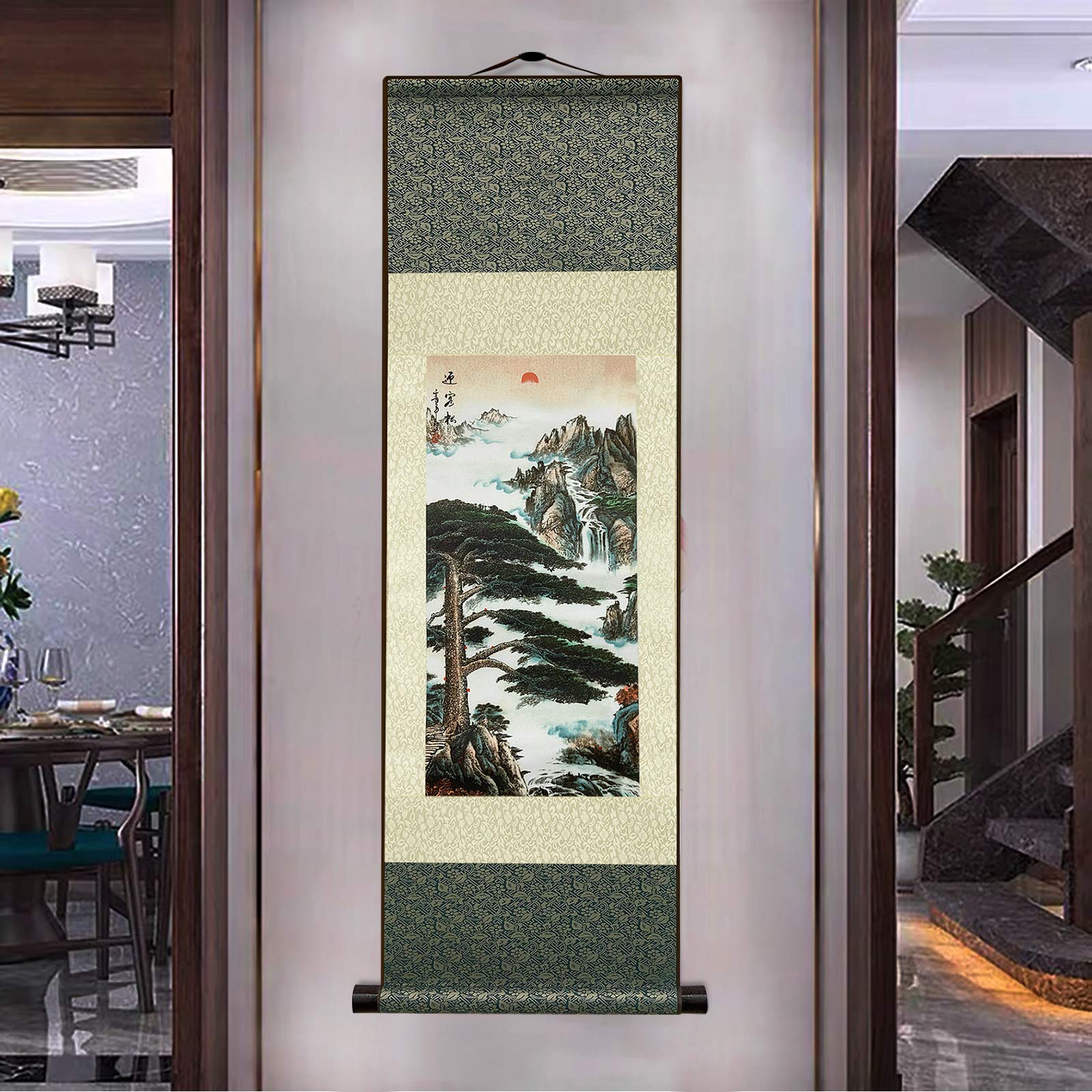 ウォールアート 中国 絵画 風景 山水画 掛軸 横幅 桃源郷 風景画 中国