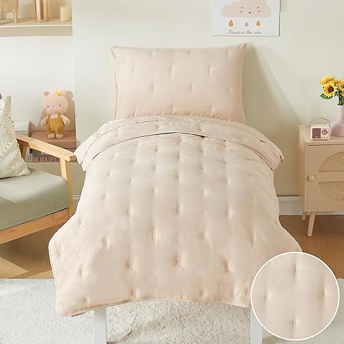 Juego de ropa de cama de 4 piezas para niñas y niños, juego de sábanas de microfibra suave bordado beige para cuna, juego de edredón acolchado