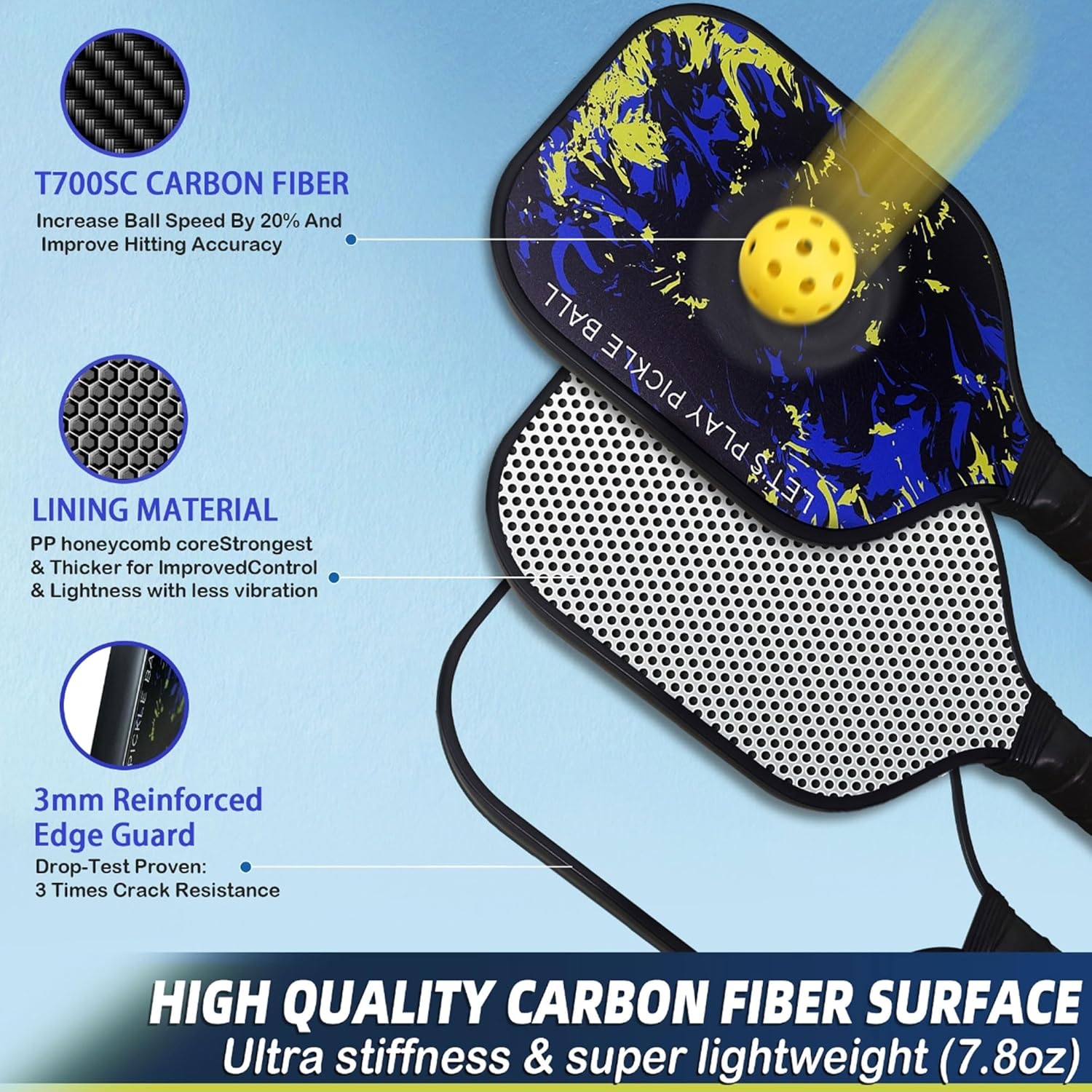 Pickleball Paddles Set of 2, Lightweight Pickle Ball Rackets 2 Pack with 2 Balls, Carbon Fiber Pickleball Paddle for Women& Men