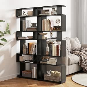 6 Tier S Shaped Bookshelf, Wood Geometric Bookcase, Modern Room Divider and Display Shelf, 64