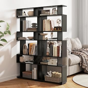 6 Tier S Shaped Bookshelf, Wood Geometric Bookcase, Modern Room Divider and Display Shelf, 64" Tall Staggered Bookshelf for Bedroom Living Room Office Study 2, Black