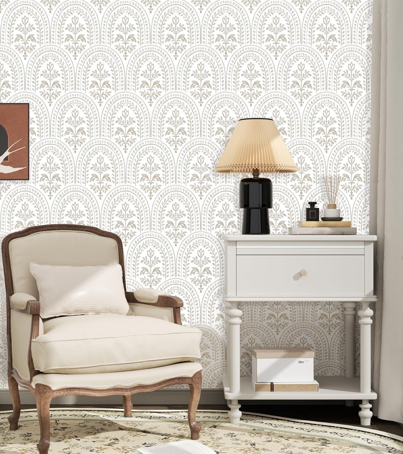 Beige Boho Floral Peel and Stick Wallpaper 17.5” x 78.7” | Self-Adhesive, Removable and Waterproof for Smooth Walls, Bedrooms, Bathrooms, Kitchens, Cabinets, Shelves and Drawers