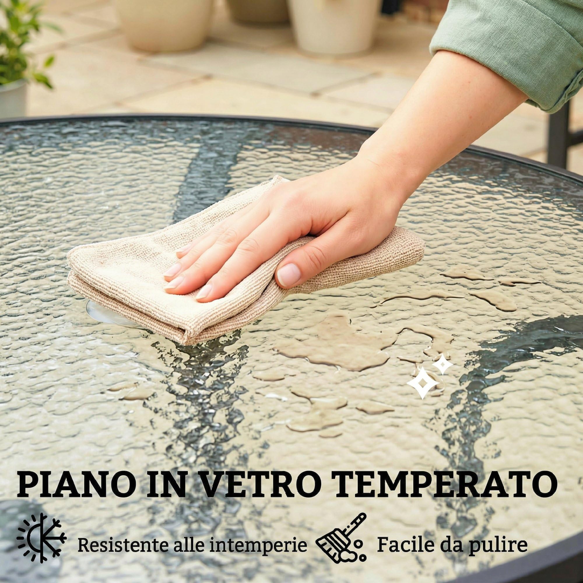 Outsunny Tavolo da Giardino Rotondo per 4 Persone Max Ø96.5x71 cm Nero | Con Foro per Ombrellone, Tavolo da Esterno, Metallo e Vetro Temperato