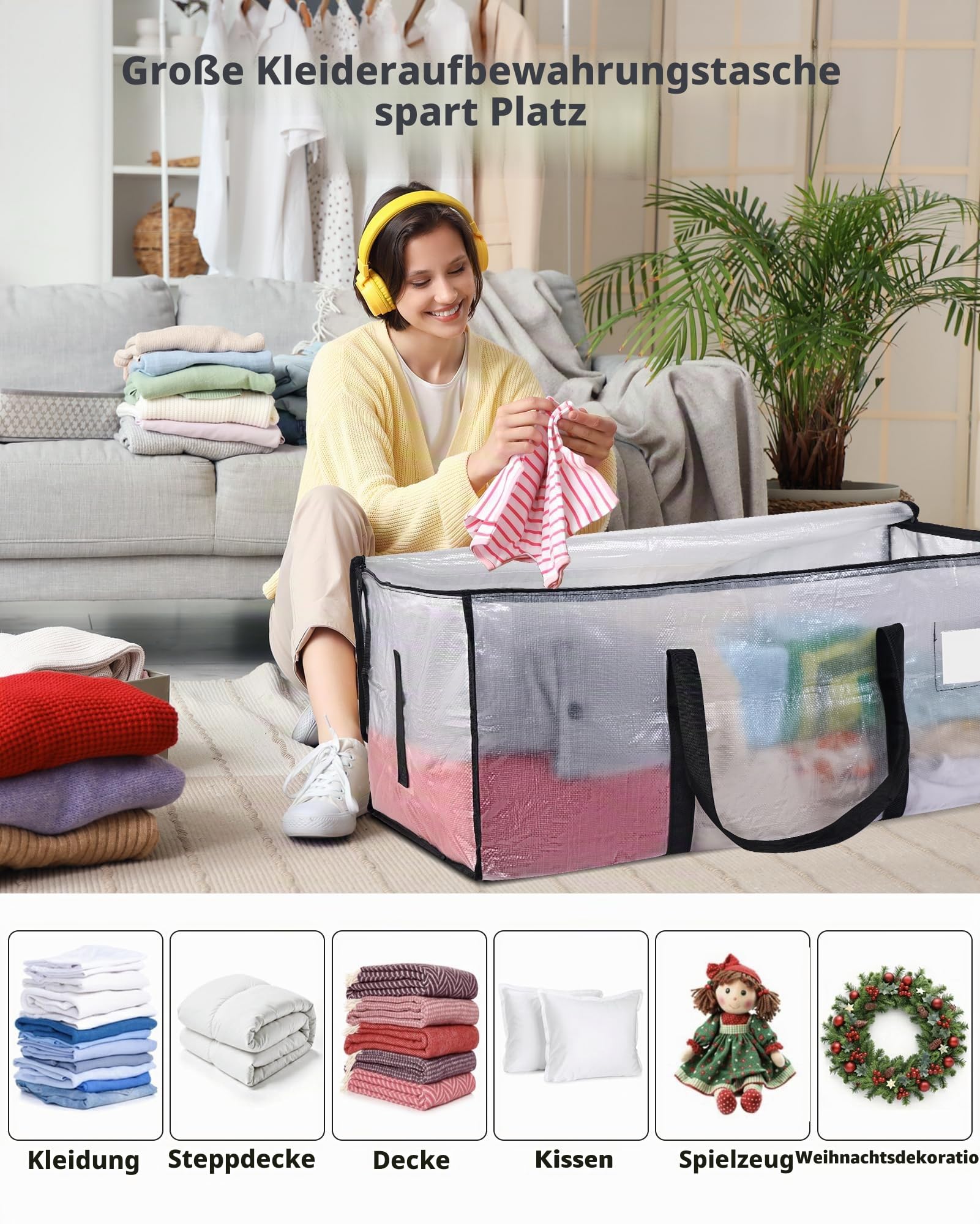 JOJOSEE 6 Stück 120L Aufbewahrungstasche, Große Transparente Umzugstaschen mit Reißverschluss Griff Faltbare Kleideraufbewahrung Umzugskartons Umzug Camping Bettwäsche Aufbewahrung Wiederverwendbar
