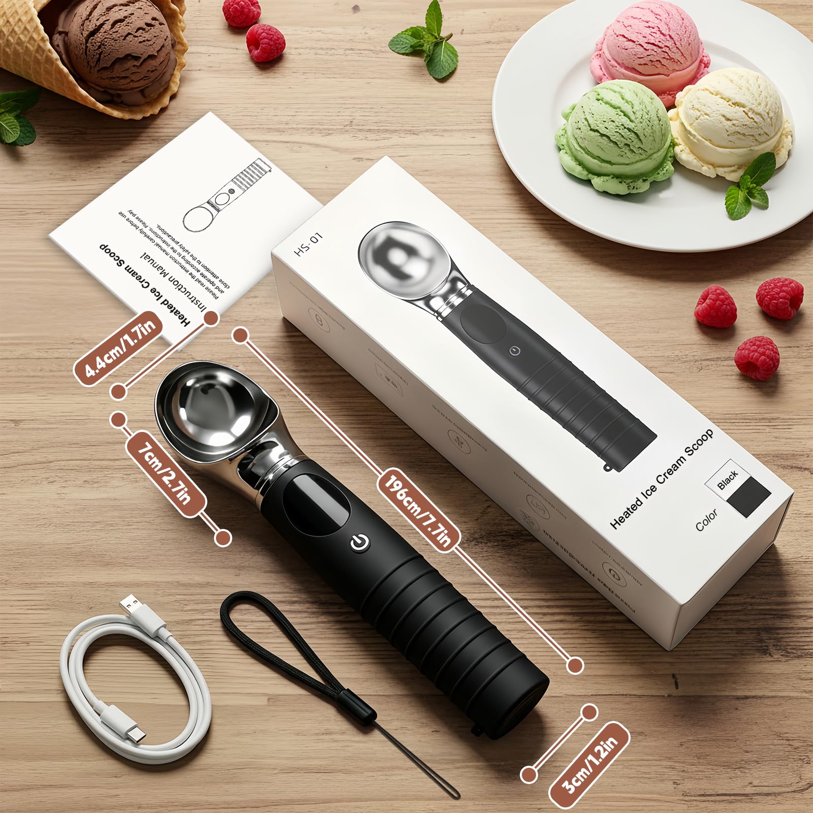 Yizhet Beheizter Eisportionierer Edelstahl Heizbarer Eislöffel mit 4 Temperaturstufen 40/50/60/70 ℃, Wiederaufladbar, 2500mAh LED-Display Selbstheizende Eiskugelzange für Hartes Eis Gelato, Schwarz