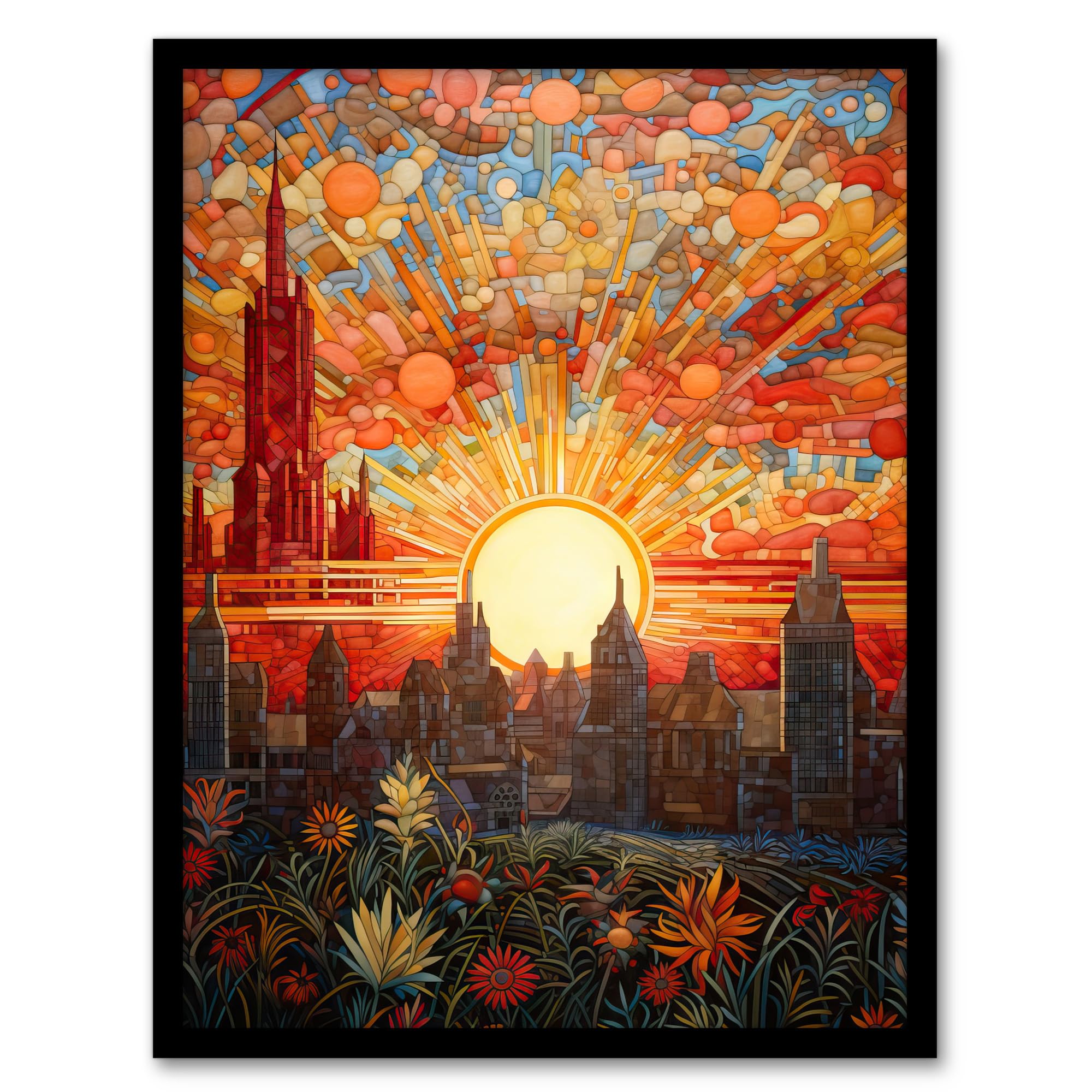 Artery8 Seville Spain Magnificent Sunrise Over Cathedral Abstract Cityscape Flowers Artwork Painting Artwork Framed Wall Art Print A4
