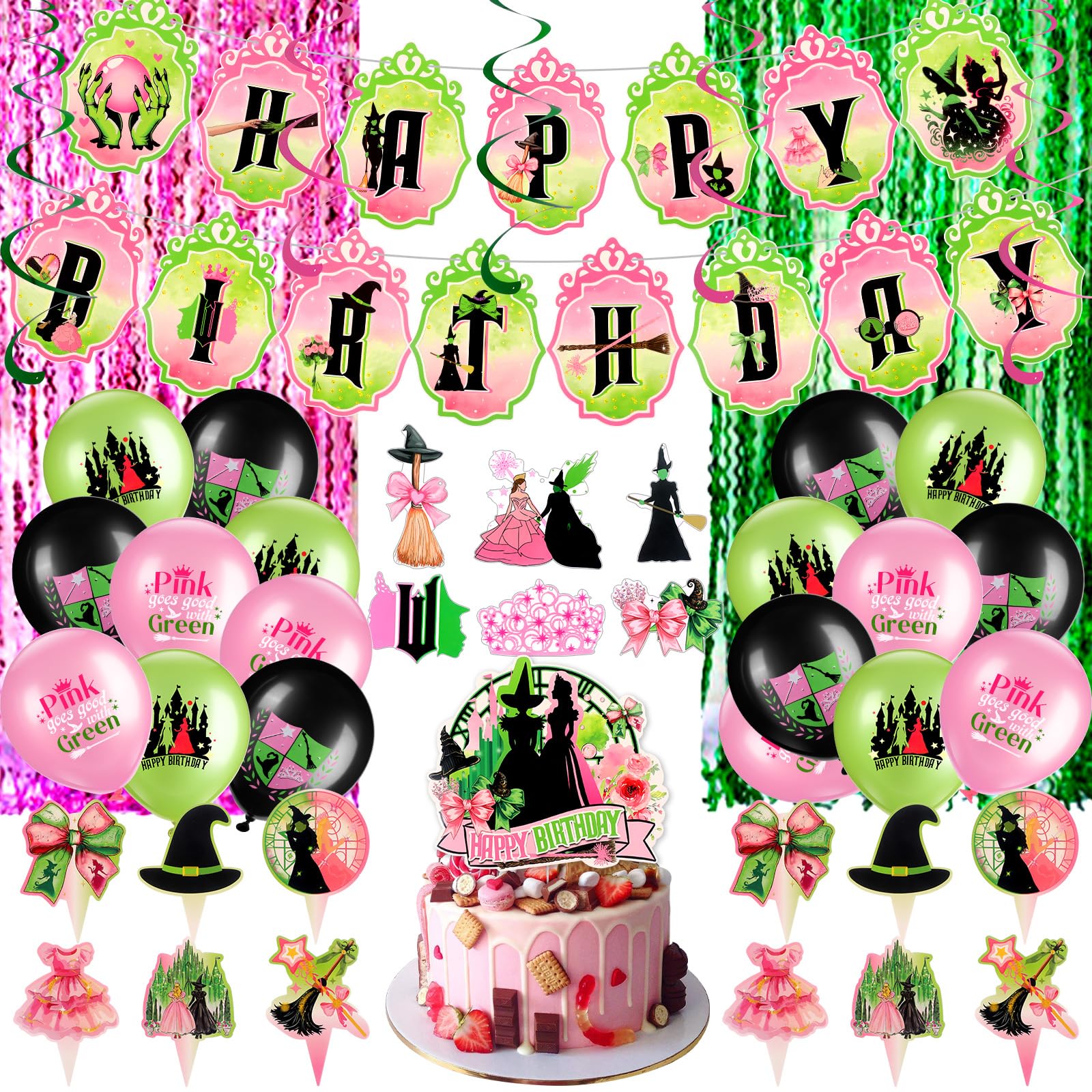 42Pcs Wicked Party Decorations Pink and Green Party Decor Happy Birthday Banner Cupcake Toppers Balloons Wavy Tinsel Foil Fringe Curtains for Witch Birthday Party Supplies Boys Girl Tableware Supplies