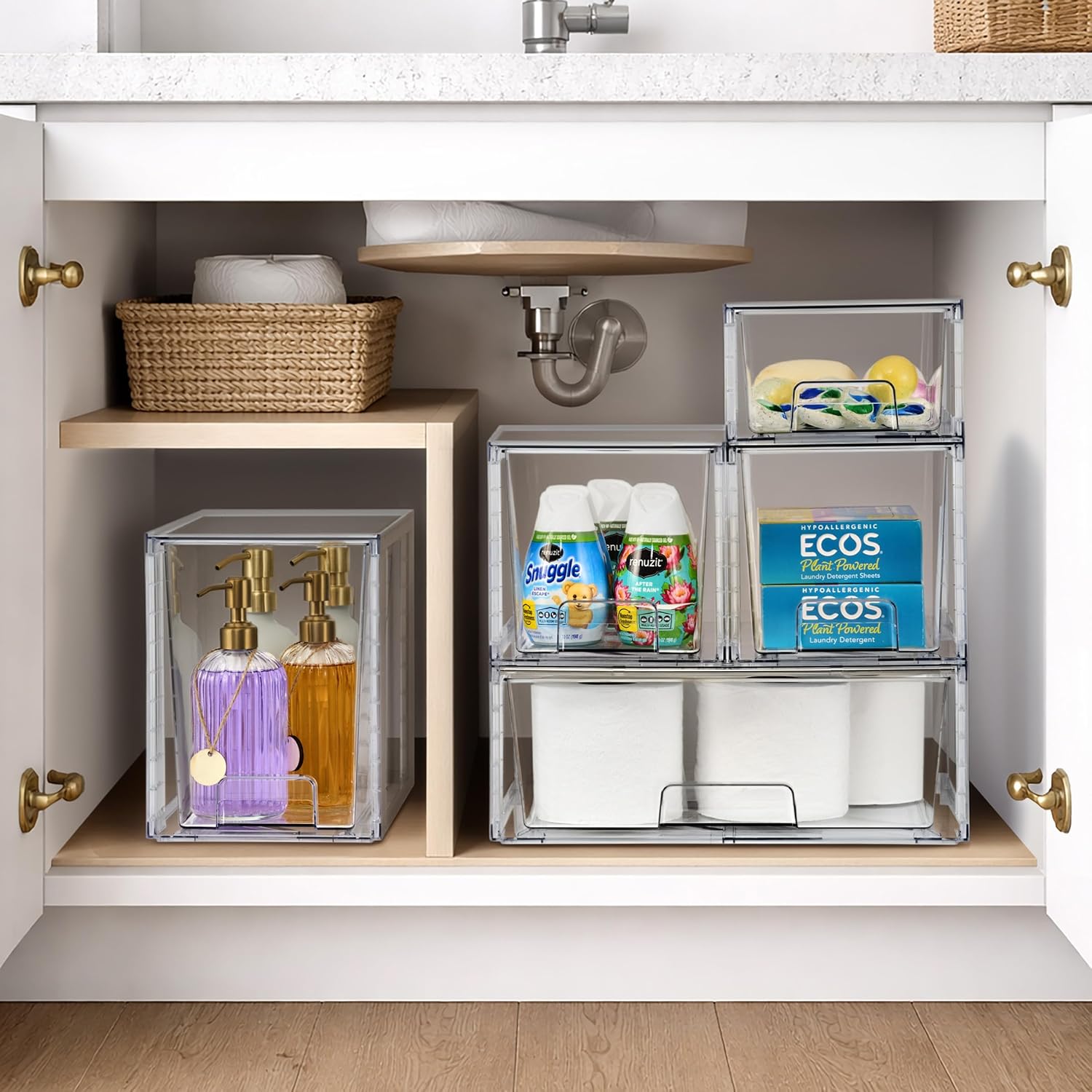 Sorbus Stackable Clear Storage Drawers, 4 Pack (2 Medium + 2 Small) Pull-Out Organizer Bins – Plastic Drawer Organizers for Bathroom, Vanity, Makeup, Under Sink & Countertop Organization