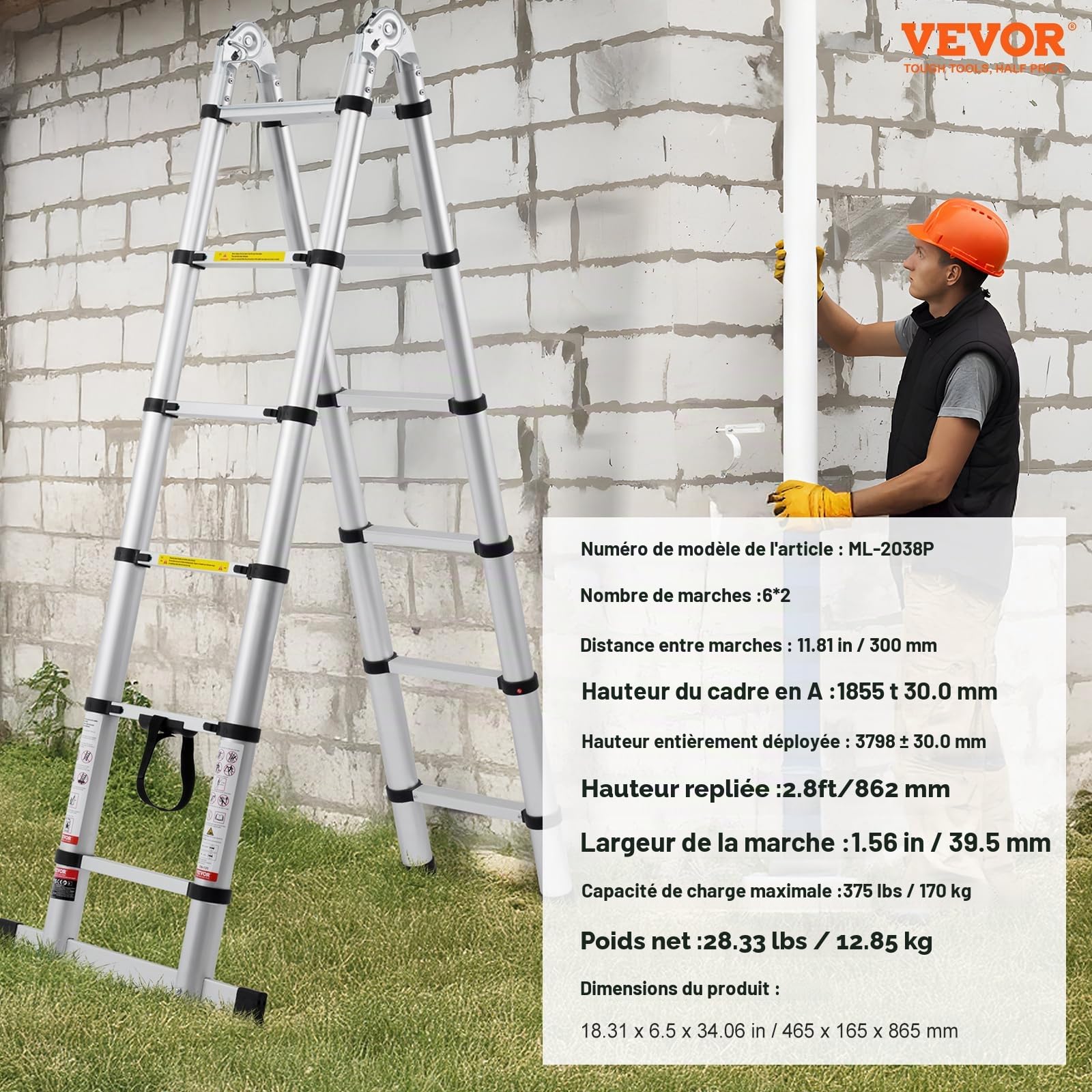 VEVOR Échelle Télescopique Aluminium, 3,8 m, Escabeau Extensible Capacité 170 kg, avec Barre Stabilisatrice, Échelle Polyvalente Pliable Rétraction Multi-Boutons, pour Réparation Maison Camping-Car