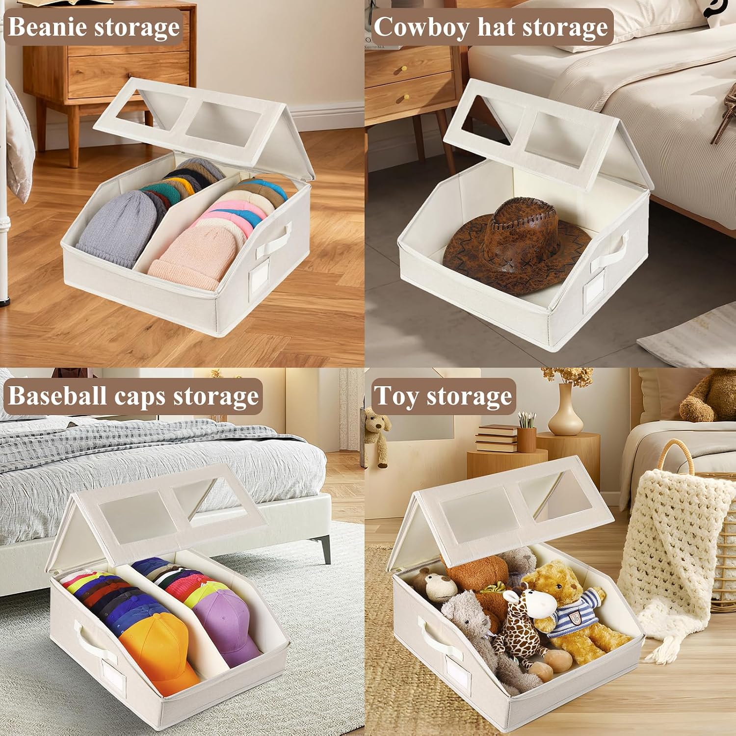 Hat Storage for Baseball Caps-Holds Up to 24 Caps, Hat Organizer for Closet Stackable Hat Box with Hollow Board, Dustproof Baseball Cap Organizer with 2 Handles for Home Travel (Beige, 1 Pack) image 4