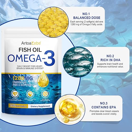 Miniatura 4 de Suplementos Omega 3 de aceite de pescado, cápsulas de aceite de pescado de 1280 mg de ácidos grasos con EPA y DHA, apoya la salud del corazón y el