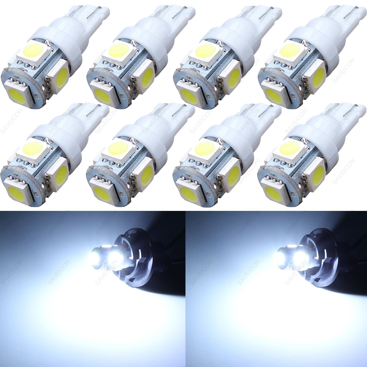 SAWE - 168 194 2825 T10 W5W 5050 5-SMD LED License Plate Dome Map Lights Bulbs (8 pieces) (White)