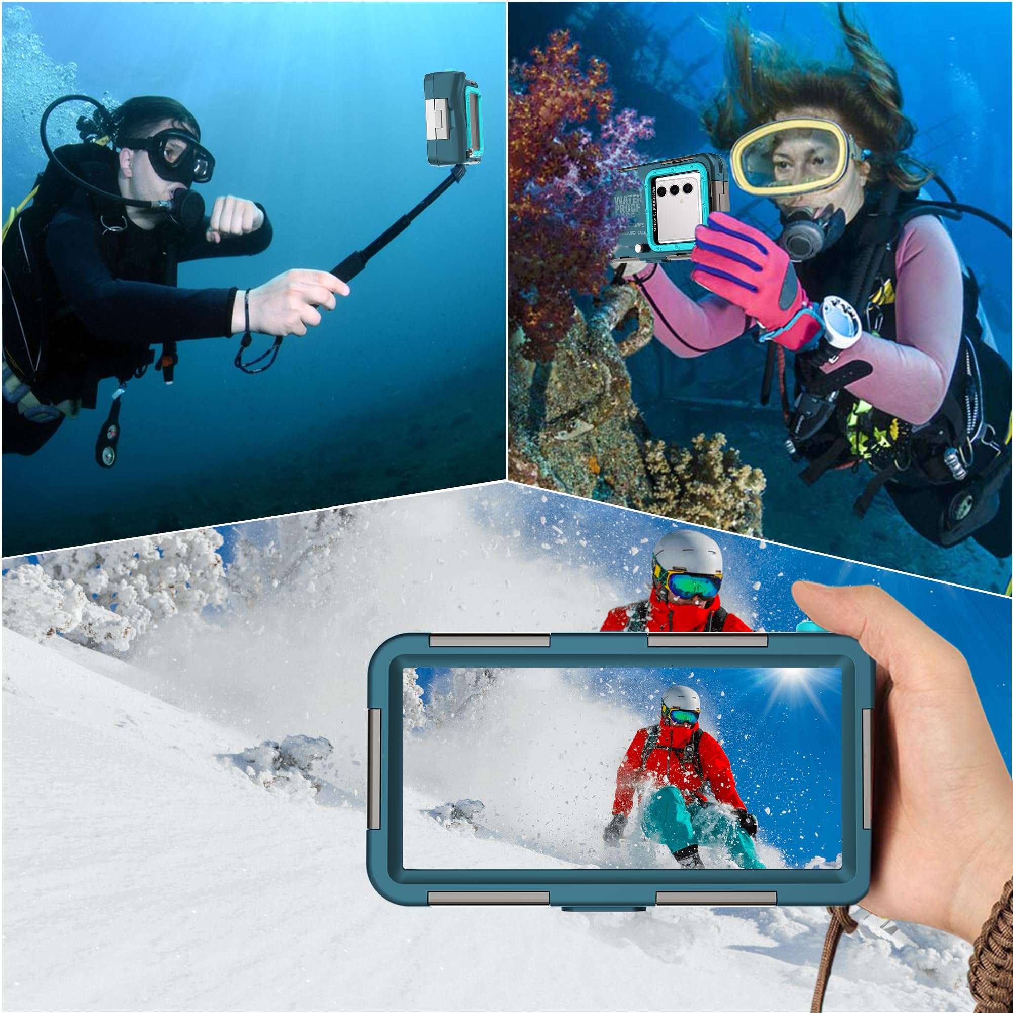 Universelles Tauchen, 15 m, Unterwasser-Schnorcheln, wasserdichte Handyhülle für Samsung Galaxy S26/25/S24/S23 Ultra/Plus, Google Pixel, Motorola, Huawei/LG-Serie, Lautstärke-Taste, Blaugrün