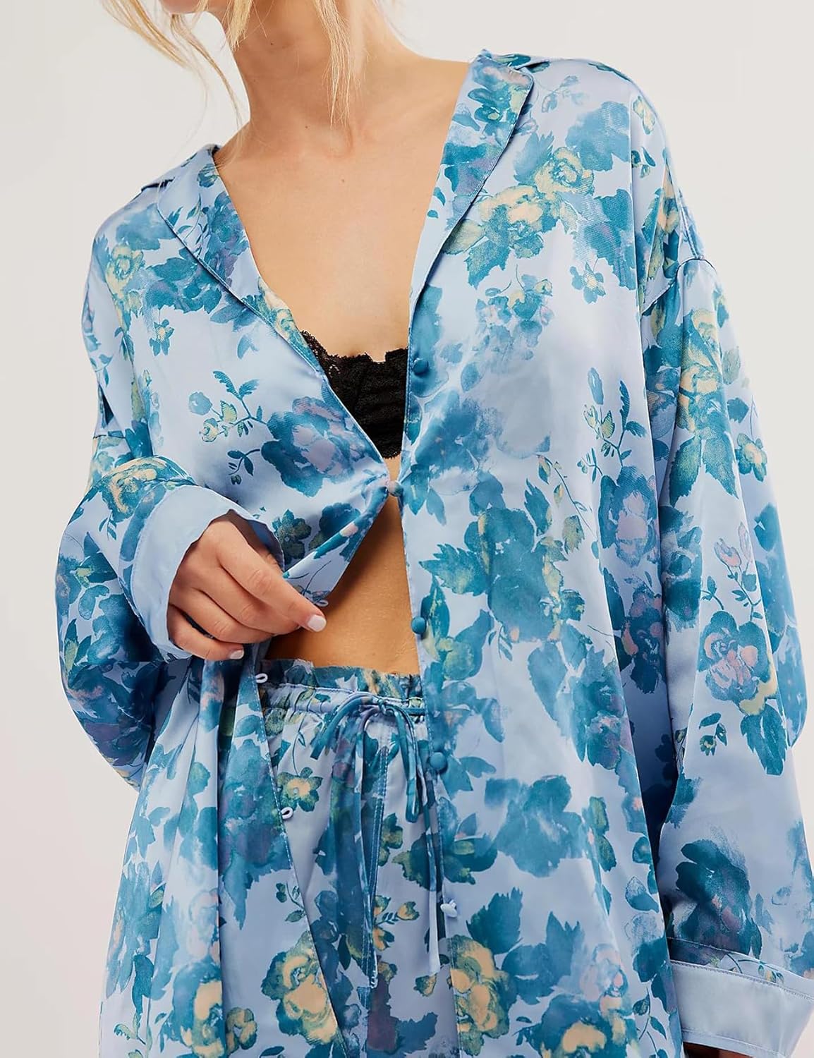 Yimoon Womens Satin Pajama Set Floral Silk Pajamas 2 Piece Cute Long Sleeve Button Down Pjs Sleepwear Lounge Set - Image 3