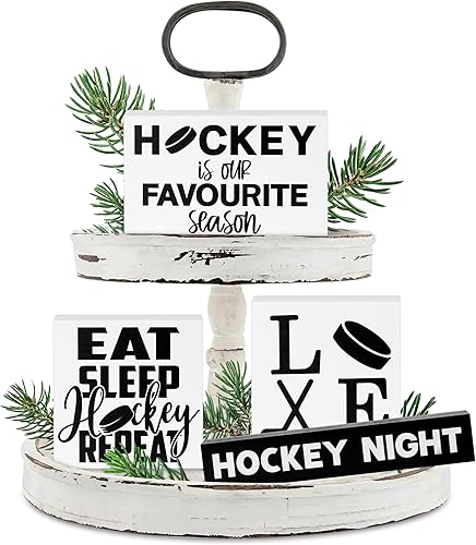 CPicdn 4 piezas de decoración de bandejas escalonadas de hockey sobre hielo, centros de mesa de madera de hockey rústico, letreros de mesa con