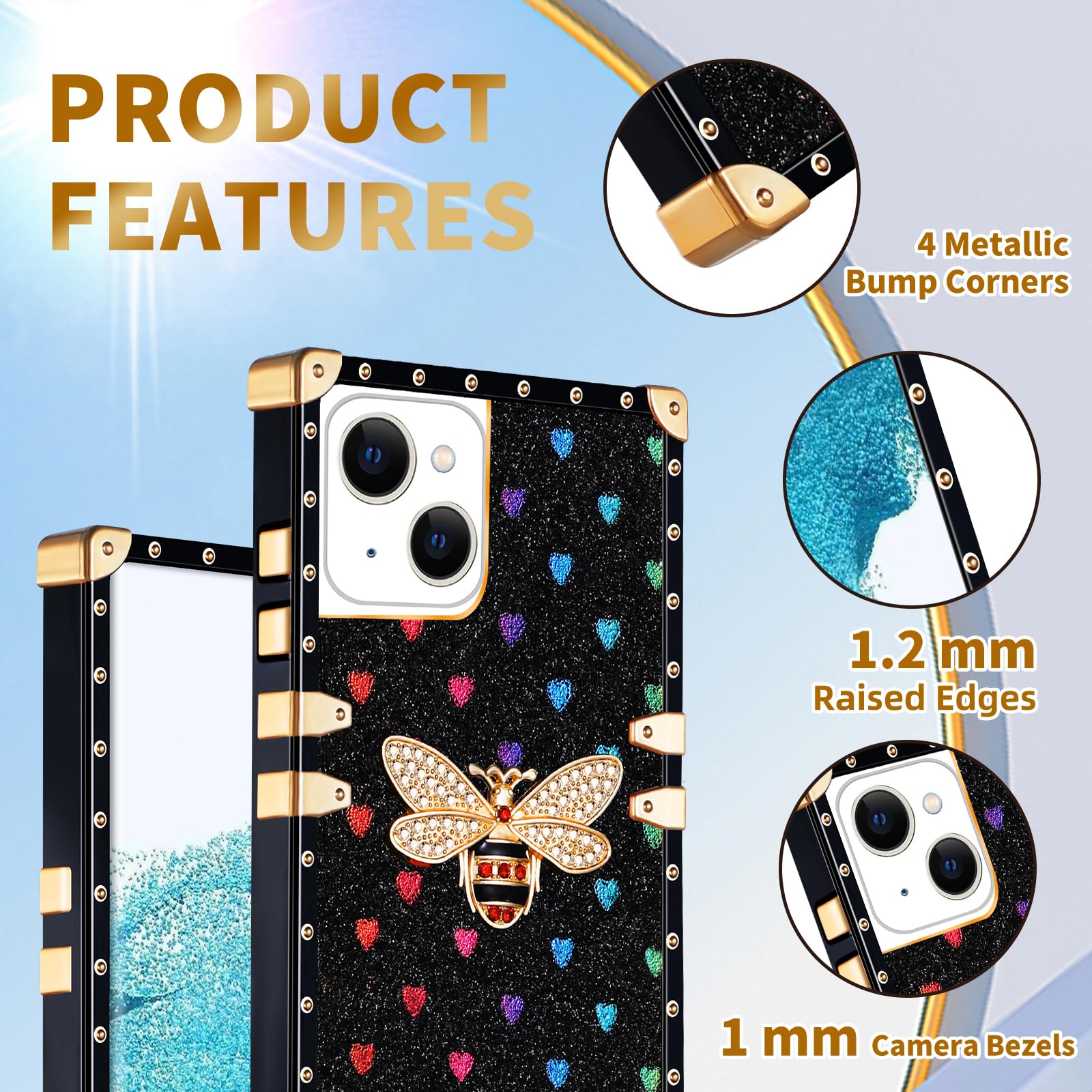 Loheckle Für Quadratische iPhone 13 Hülle, Designer Retro Luxus Hüllen für Frauen mit Ring Ständer Halter und Lanyard, Stilvolle Biene Cute Cover für iPhone 13 6,1 Zoll