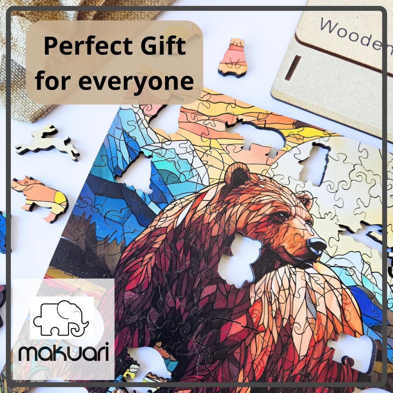 Wooden Puzzles for Adults – 200 Piece Wooden Jigsaw Puzzle with Stained Glass Grizzly Bear Design, Premium 5mm Thick Wood, Unique Art Puzzle and Gift for Puzzle Lovers