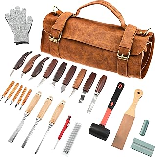 Deluxe Wood Carving Kit, 25 Piece Wood Carving Tools with Thick Leather Storage Bag,Wood Whittling Tools -Ideal Woodworking Tools and Hobbies for Beginners Enthusiasts Kids Gift DIY