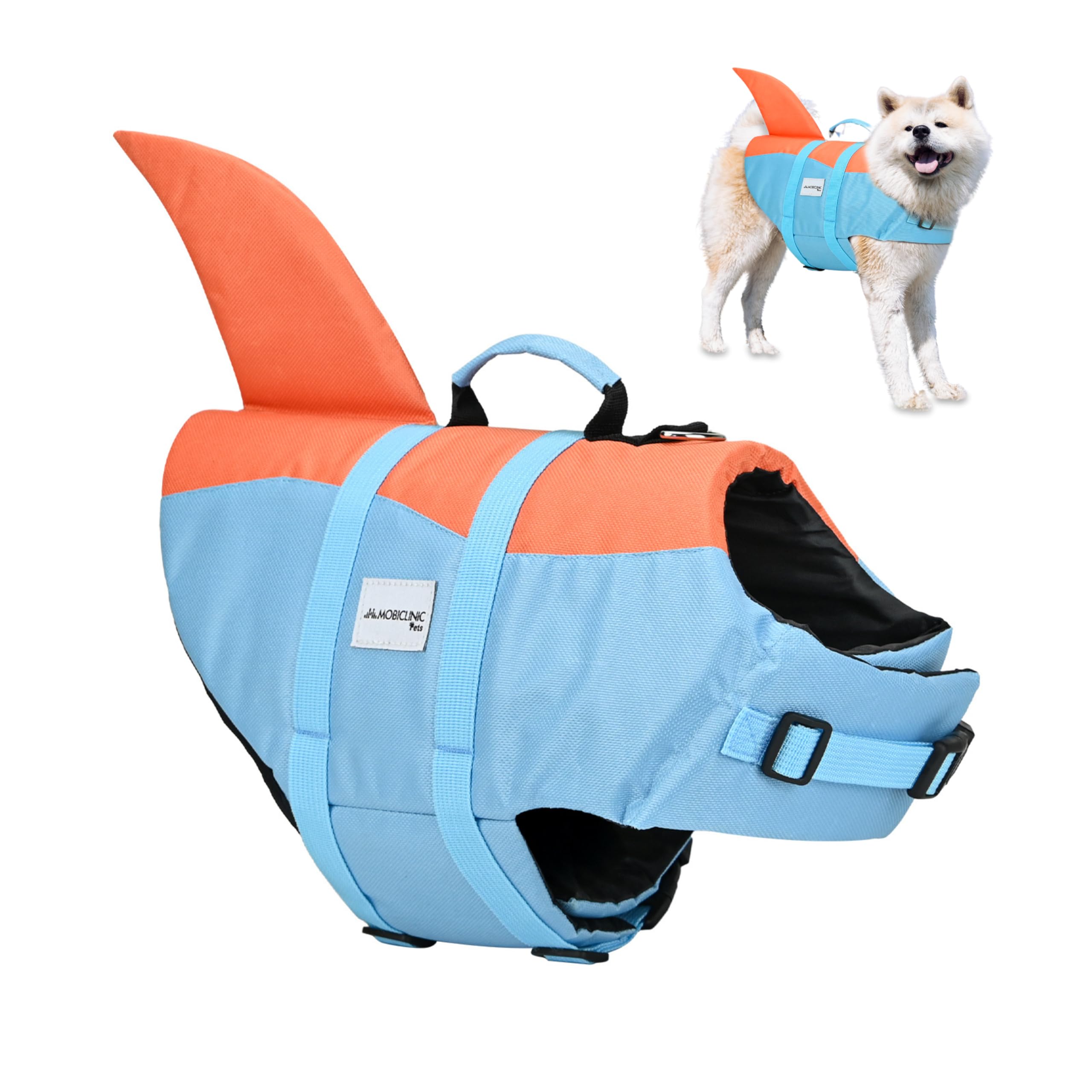 Mobiclinic®, Dog Life Jacket, Shark Fin Design, Rescue Handle, Adjustable Harness, Leash Ring, High Buoyancy and High Visibility, Sharky, Lightweight, Swimming, Surfing, Sailing (L)