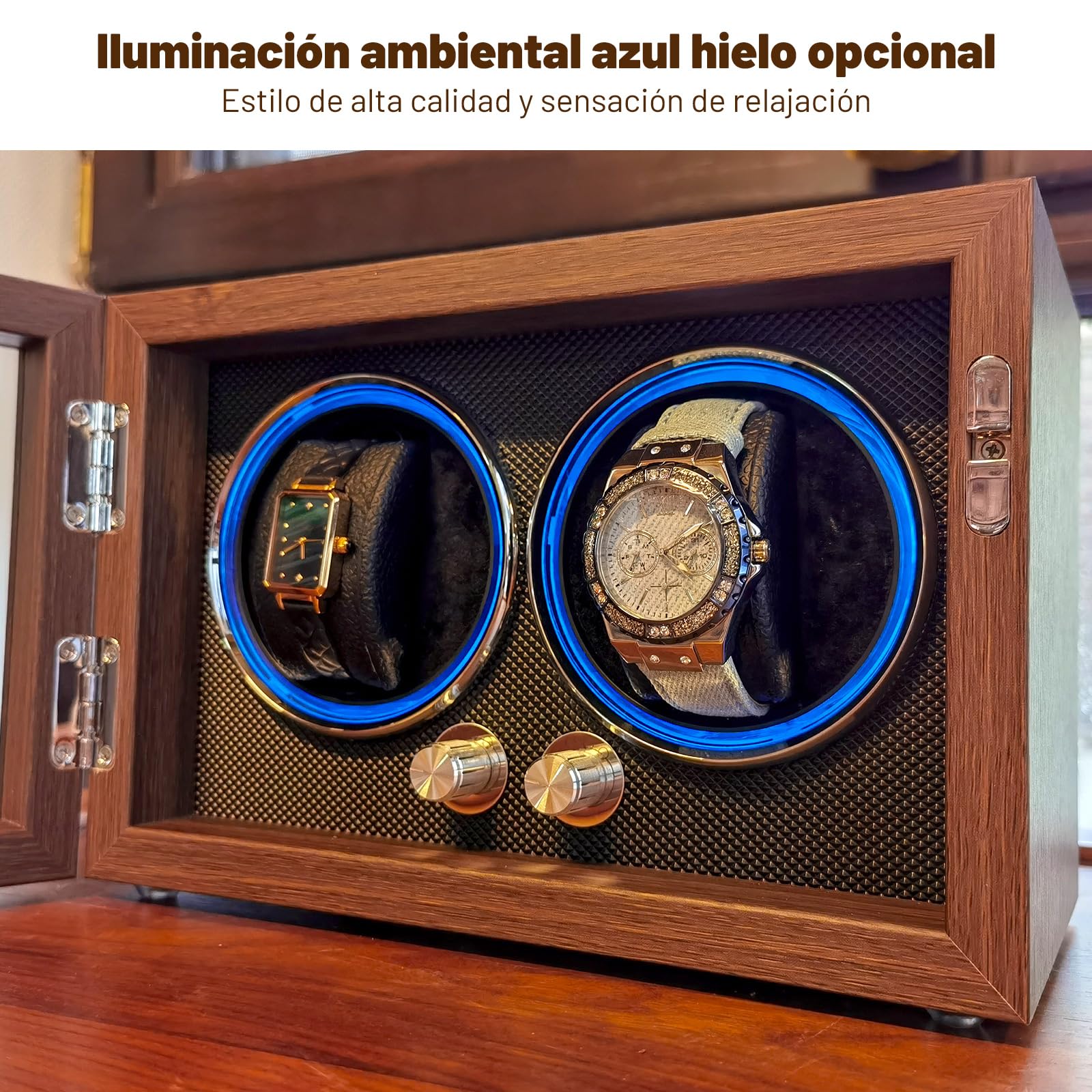 Bobinador de Reloj para 2 Relojes, Madera de Nogal Negro, 4 Modos de Rotación con Iluminación LED, Ultra Silencioso