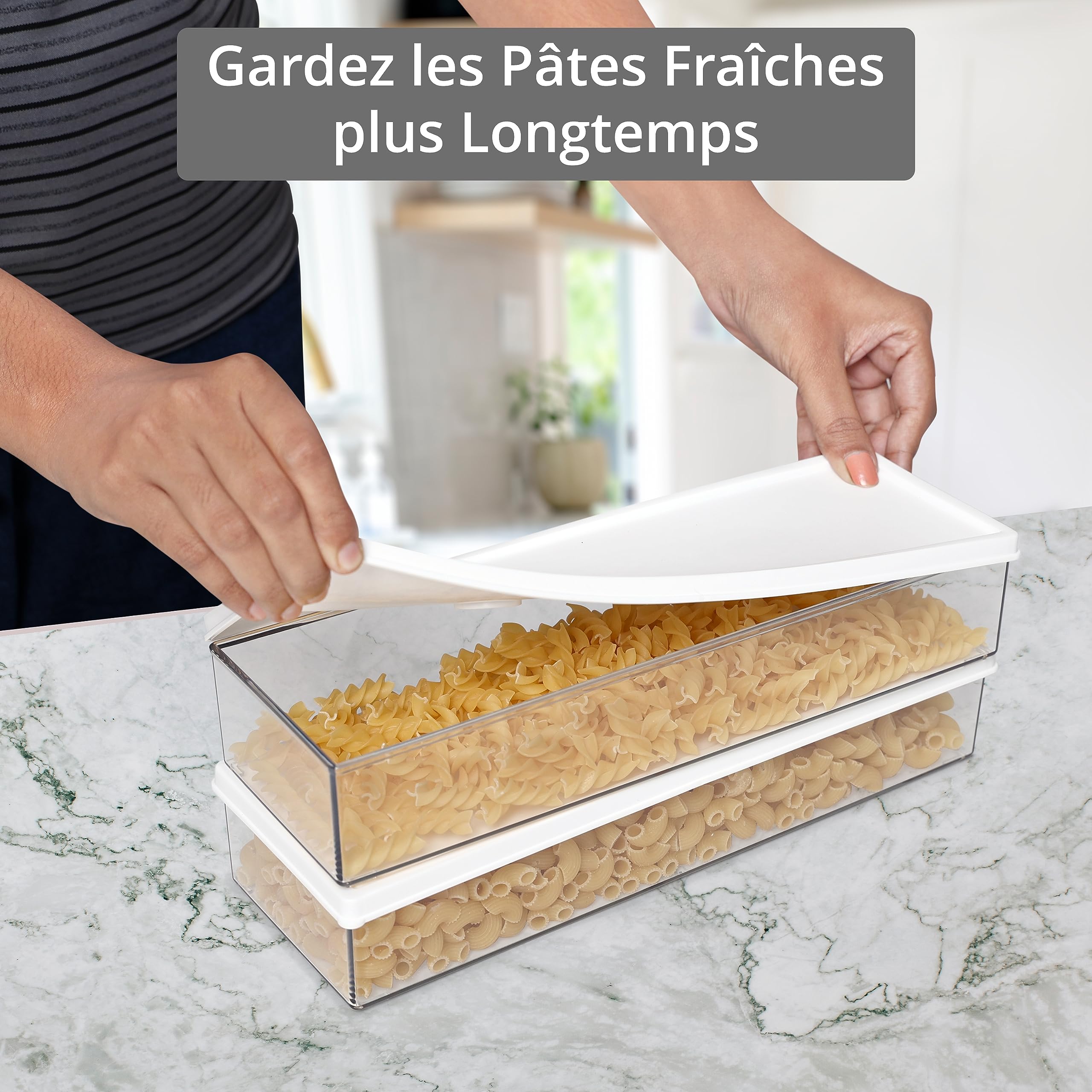 Winter Shore Boite Spaghetti & Aliments 1100 ml (Lot de 3) - Boite Pates Transparente avec Couvercle - Boite Hermetique & Empilable - Rangement Pates Long en Plastique Sans BPA Adapté au Réfrigérateur