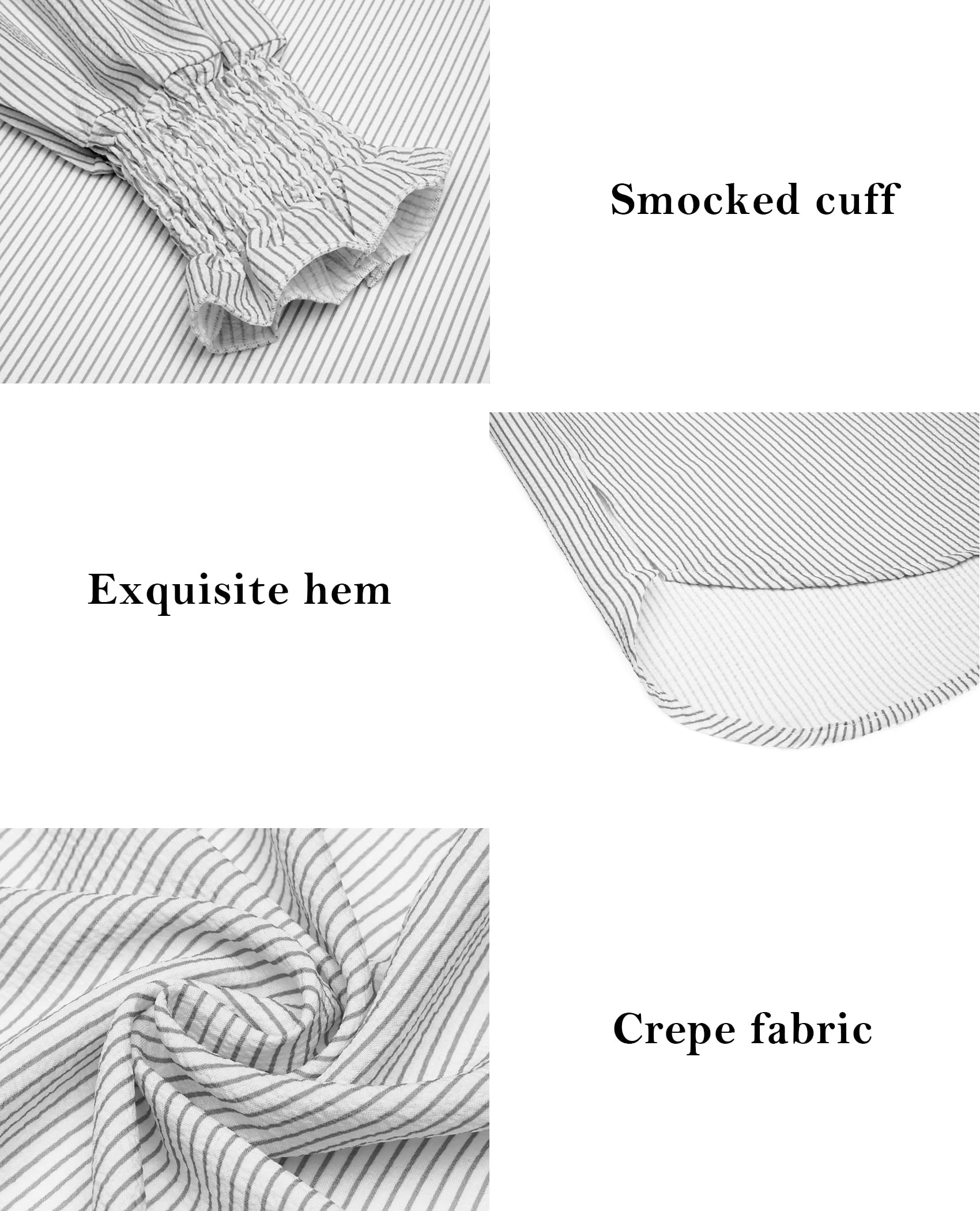 Women's Striped Button Down Shirts Long Sleeve Smocked Cuffed Oversized Boyfriend Blouses Collared Work No Pockets Tops